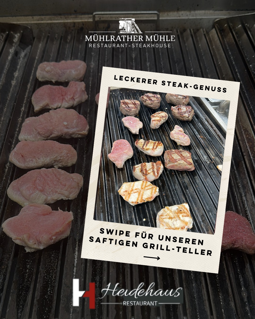 🚀 Swipe dich hungrig!
Vom rohen Cut zum knisternden Grillteller – so schmeckt Balkan-Grillliebe 🔥
ㅤ
1️⃣ Frisch geschnitten & nur leicht gewürzt
2️⃣ Ab auf den Rost: Branding, Saft & Aroma
3️⃣ Finale: Grillteller mit Cevapcici, zartem Steak, Speck, Pommes, Djuvec-Reis & Ajvar 🤤
ㅤ
Heidehaus × Mühlrather Mühle – zwei Häuser, eine Leidenschaft: bestes Fleisch & ehrliche Küche.
ㅤ
👉 Team medium oder well done? Markier deine Grill-Crew & sicher dir euren Tisch – Link in Bio.
ㅤ
#Heidehaus #MühlratherMühle #Balkangrill #Steakhouse #Grillteller #AjvarLove #Djuvec #Foodlover #Swipe #FromGrillToPlate #Nettetal #Schwalmtal