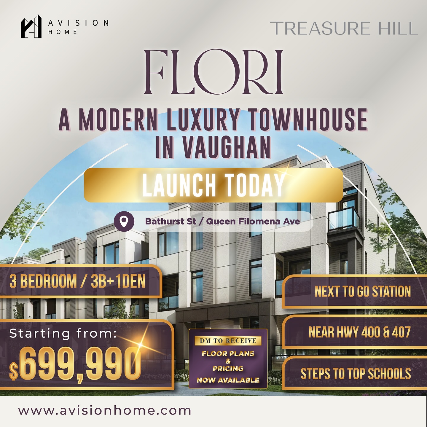 🏠 FLORI Townhomes – Modern Towns in Vaughan by @treasurehillhomes | SALES LAUNCH TODAY!
📍 Bathurst & Queen Filomena, Vaughan
💰 Pricing from the $699Ks
🛣️ In a sought-after Vaughan pocket—near everyday conveniences, parks and dining—with straightforward links to Hwy 400/407 and nearby GO service.
🌟 Highlights:
* 🏡 3-Bedroom & 3-Bed + Den townhomes
* 🛁 2.5 baths with refined, elevated finishes
* 🤖 Genius™ Smart-Home package
* ☀️ Natural, minimalist interiors with bright, efficient layouts
* 🏫 Top-ranked schools, parks & restaurants close at hand
* 🛣️ Easy connections to Hwy 400/407 & GO
📢 Now Selling – First Release Today. Worksheets welcome.
📩 CONTACT ME NOW TO LEARN MORE:
☎️ 905-531-3388
🌐 https://www.avisionhome.com/
#flori #TreasureHillHomes #TreasureHill #vaughan #townhouse
#OntarioRealEstate #RealEstateAgent #RealEstateCanada #RealEstateInvesting #SpaciousLiving #TorontoHomes #TorontoLuxuryHomes #avisionHome