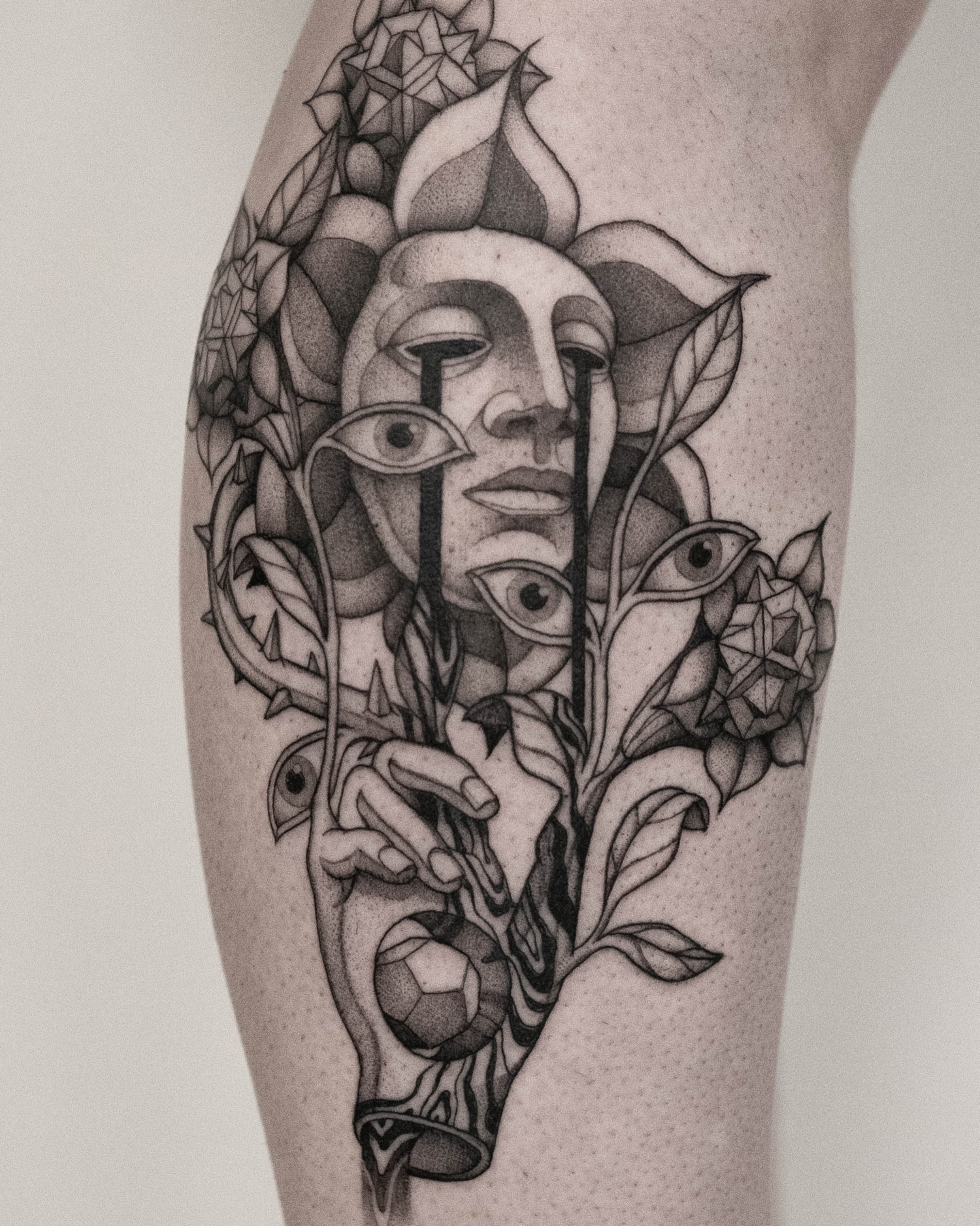 In that moment the world hit raw and unfiltered. Thought fell silent and we felt ourselves lifted by a surge of electric sparks running through the body. The indescribable was felt and in quiet awe we stared into each other’s eyes.
-
Thank you Alexandra for giving me the freedom to create something special for you.
#blackworktattoo #surrealism #psychedelictattoo #tattooart #tattoodesign #flashtattoo #dutchtattooer #eindhoventattoo #tattooeindhoven #illustration #dotworktattoo #graphicdesign #moderntattoo #blackwork #spiritualtattoo