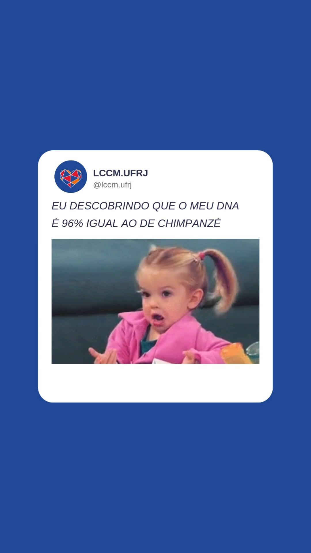 Quem por aí também está chocado com essa informação?
Quando pensamos em porcentagem, 4% parece ser bem pouco, não é mesmo?
Mas não para a genética!
Cada trechinho do nosso DNA representa uma quantidade gigantesca de informação e pode ser a diferença entre seres humanos e nossos "primos" os chimpanzés 🤣
Acompanhe nossas redes para saber mais sobre curiosidades sobre genética e entender como transformamos ciência em soluções para a saúde do coração!
#lccm #ufrj #dna #cardiogenetica #genomasbrasil #doençashereditarias #doencasraras #mapeamentogenetico #sequenciamentogenetico #testededna #medicinadeprecisao #cardiogenomica #genomica #celulastronco #ipsc #ips