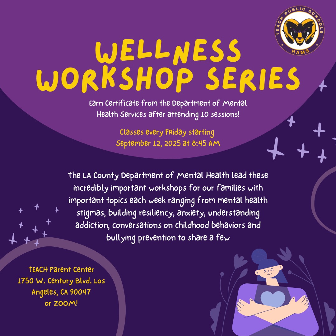 โจ Weโre so excited to announce that our Wellness Workshop Series is back! โจ
๐
Starting THIS Friday, September 12th at 8:45am
๐ Join us at the TEACH Parent Center (1750 W. Century Blvd, next to our 5th/6th grade campus) OR on Zoom!
These free workshops, led by the LA County Department of Mental Health, cover powerful topics each weekโlike reducing stigma around mental health, building resiliency, understanding anxiety, addiction awareness, childhood behaviors, and bullying prevention.
๐ Classes available in English & Spanish
๐ Open to all TEACH families
Questions? Call Luis Ramirez at 323-605-2388.
We hope to see you thereโin person or online! ๐ฟ๐ป
#TEACHPublicSchools #WellnessWorkshop #FamilySupport #MentalHealthMatters #BuildingResiliency #ParentWorkshops #BullyingPrevention #CommunityWellness #TEACHFamilies #WellnessForAll