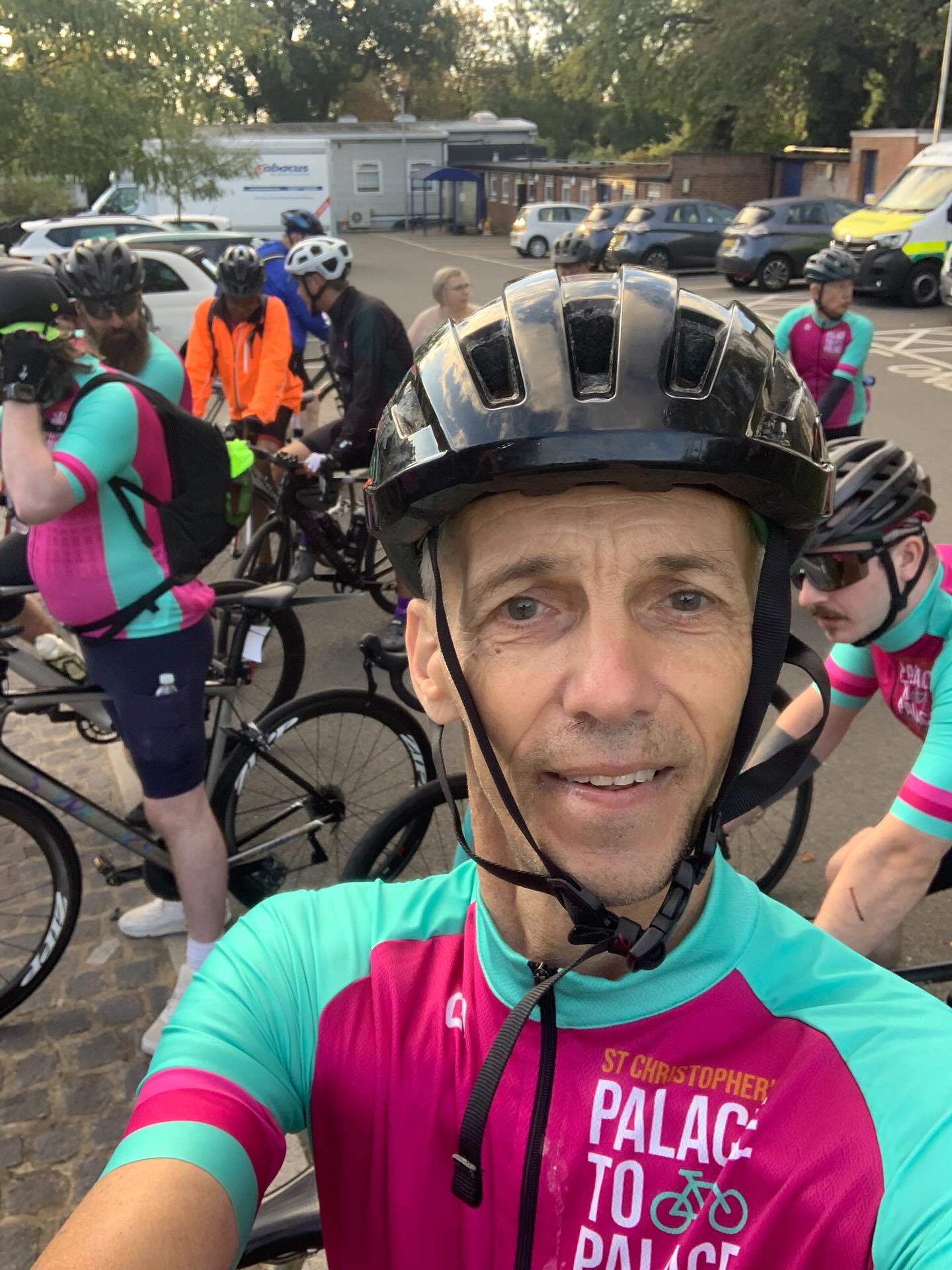 At the start of the Palace to Palace cycle ride . 50 riders starting at #crystalpalace and all being well finishing 4 days later at the #palaceofversailles . All riders fund raising for terrific work of @stchrishospice . If you want to sponsor me the link is in my bio #palacetopalace #versaille #palace #cycling #cyclist #cycleride #fundraiser #fundraising #stchristopershospice
