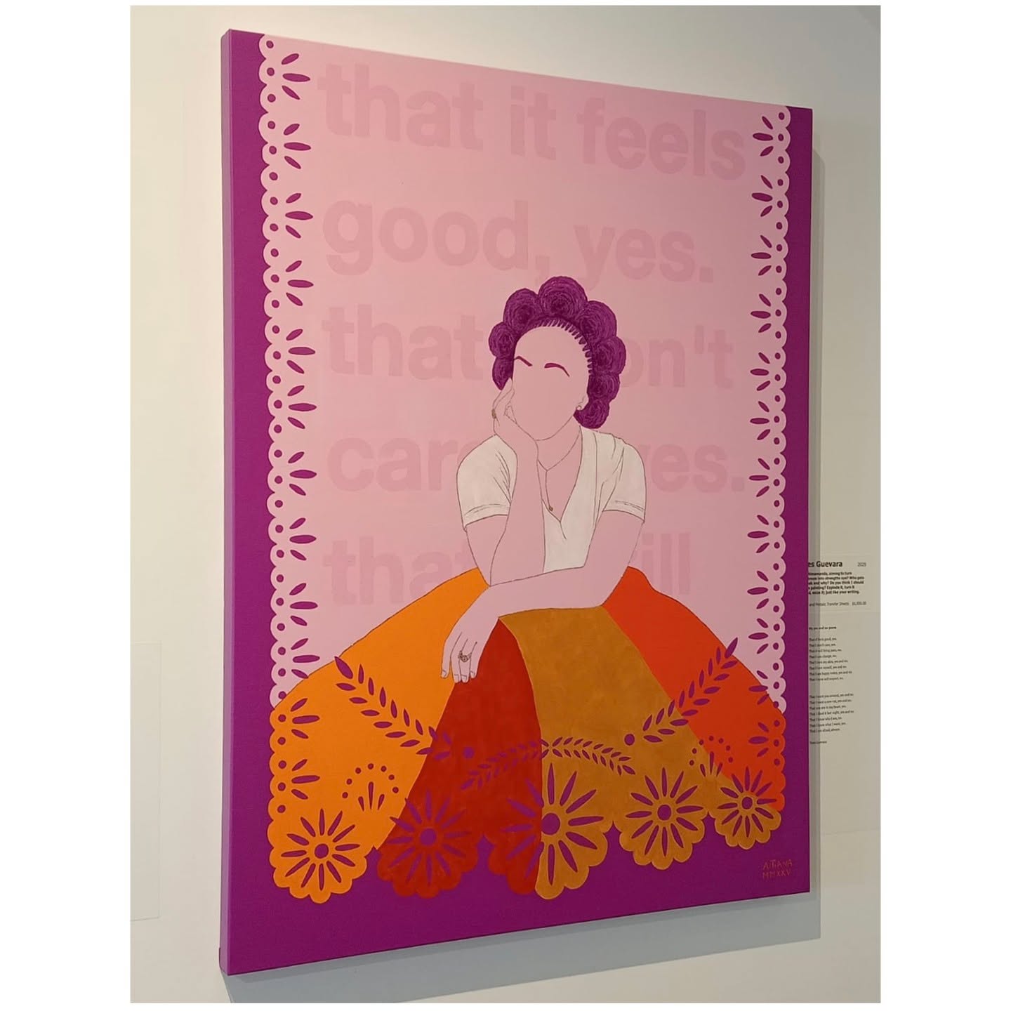 Title:
Hey Chimamanda, aiming to turn differences into strengths aye? Who gets to speak and why? Do you think I should do this painting? Explode it, turn it around, seize it; just like your writing.
Painting, Acrylic on Canvas, metallic transfer sheets, Ynes Guevara, 2025.
Size: 75 W x 100 H x 3 D cm
For Sale
This series was created for a Collective Exhibition of paintings and poetry. This exhibition opened the 9th of August at Aigantighe Public Gallery, Timaru, New Zealand.
💜 Chimamanda Ngozi Adichie is a Nigerian writer of novels, short stories, poems, and children's books; she is also a book reviewer and literary critic. Her most famous works include Purple Hibiscus (2003), Half of a Yellow Sun (2006), and Americanah (2013) and recently published Dream Count. She is widely recognised as a central figure in postcolonial feminist literature. (Wikipedia)
The whole series include portraits of poets and writers, Anne Sexton, American, Simone de Beauvoir, France, Virginia Woolf, England, Rosa Beltran, Mexico, Irene Vallejo, Spain, Chimamanda Ngozi Adichie, Nigeria.
POEM
That it feels good, yes.
That I don’t care, yes.
That it will bring pain, no.
That I can change, no.
That I love my skin, yes and no.
That I love myself, yes and no.
That I am happy today, yes and no.
That I have self respect, no.
That I want you around, yes and no.
That I want a new cat, yes and no.
That you are in my heart, yes.
That I liked it last night, yes and no.
That I know who I am, no.
That I know what I want, yes.
That I am afraid, always.
Artists in pics Deridre T. Lavery, Joe Smith @smashtheclock1
#chimamandangoziadichie #chimamanda #chimamanda_adichie #nigeriaart #nigeriawriters #femalewriters #nzartist #mexicanart #arteméxicano #southcanterburyart