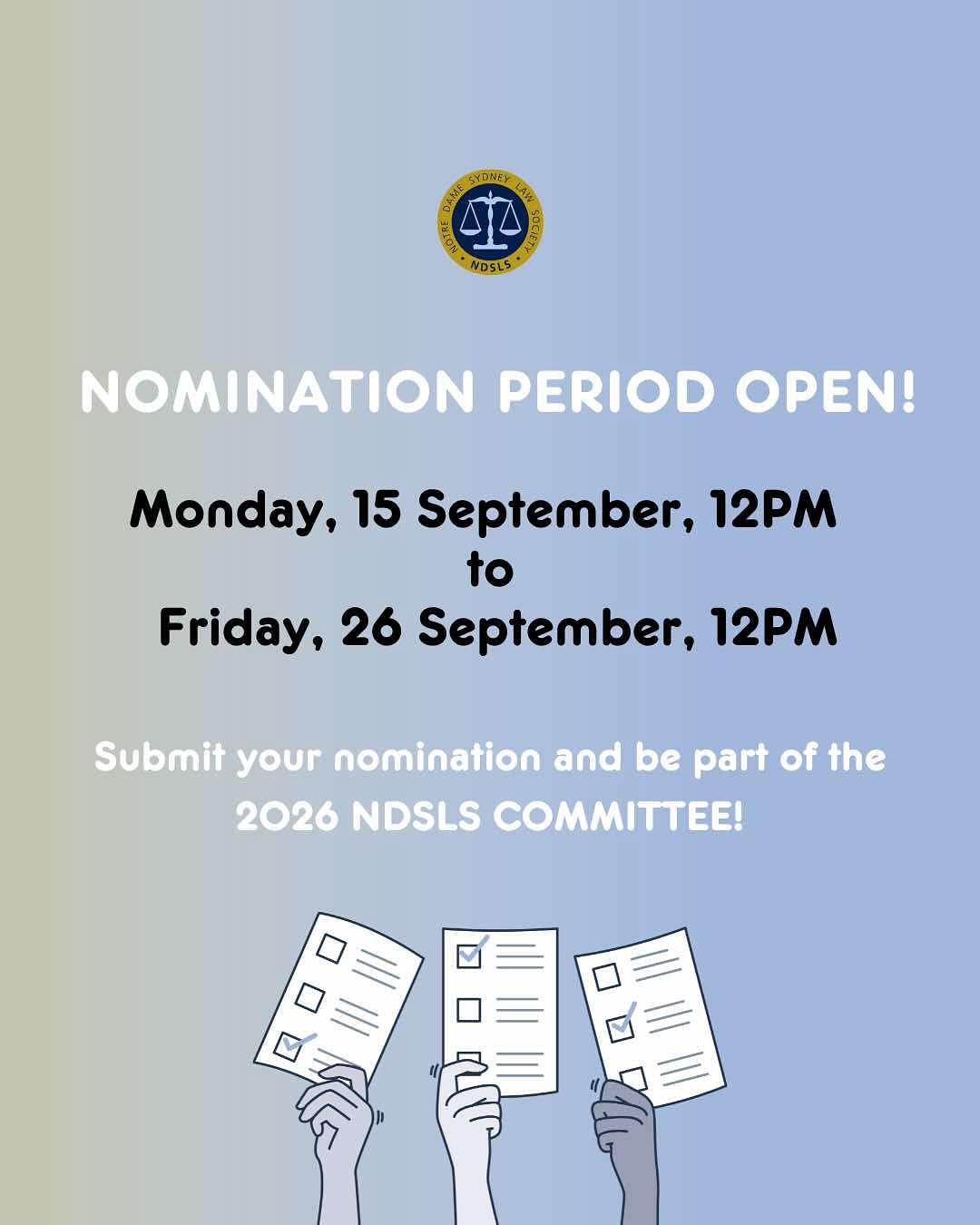 📣 NDSLS ELECTION NOMINATIONS ARE NOW OPEN! 📣
Want to shape the future of the Law Society?
This is your chance to step up, lead, and make your mark! ✨
✅ Nomination Requirements:
1. Full name & student number
2. Contact email
3. Position(s) you’re nominating for
4. Year of study
5. Short candidate statement (150–200 words)
6. Photo for campaigning
📤 Submit your nomination to president@ndsls.org by 26 September 12PM.
🚨 Please note, the NDSLS will not accept any late nominations after 12PM on 26 September 12PM🚨
⚖️ Don’t miss the opportunity to represent your peers and be part of NDSLS leadership!
#NDSLS #LawStudents #Elections
