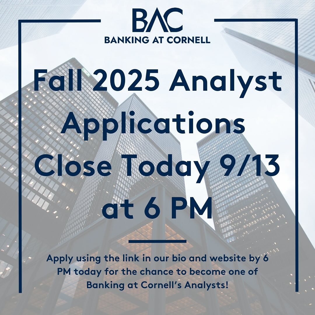 We had the best time seeing you all at ClubFest today! Remember to submit your application for Banking at Cornell’s Analyst program by 6 PM tonight! We are looking forward to interviews this week 🙌🎉