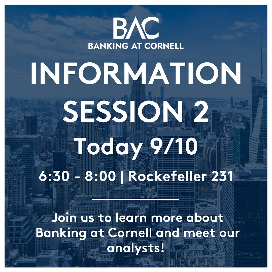 Today is Banking at Cornell’s second and final information session! We look forward to seeing everyone there at 6:30!🎉