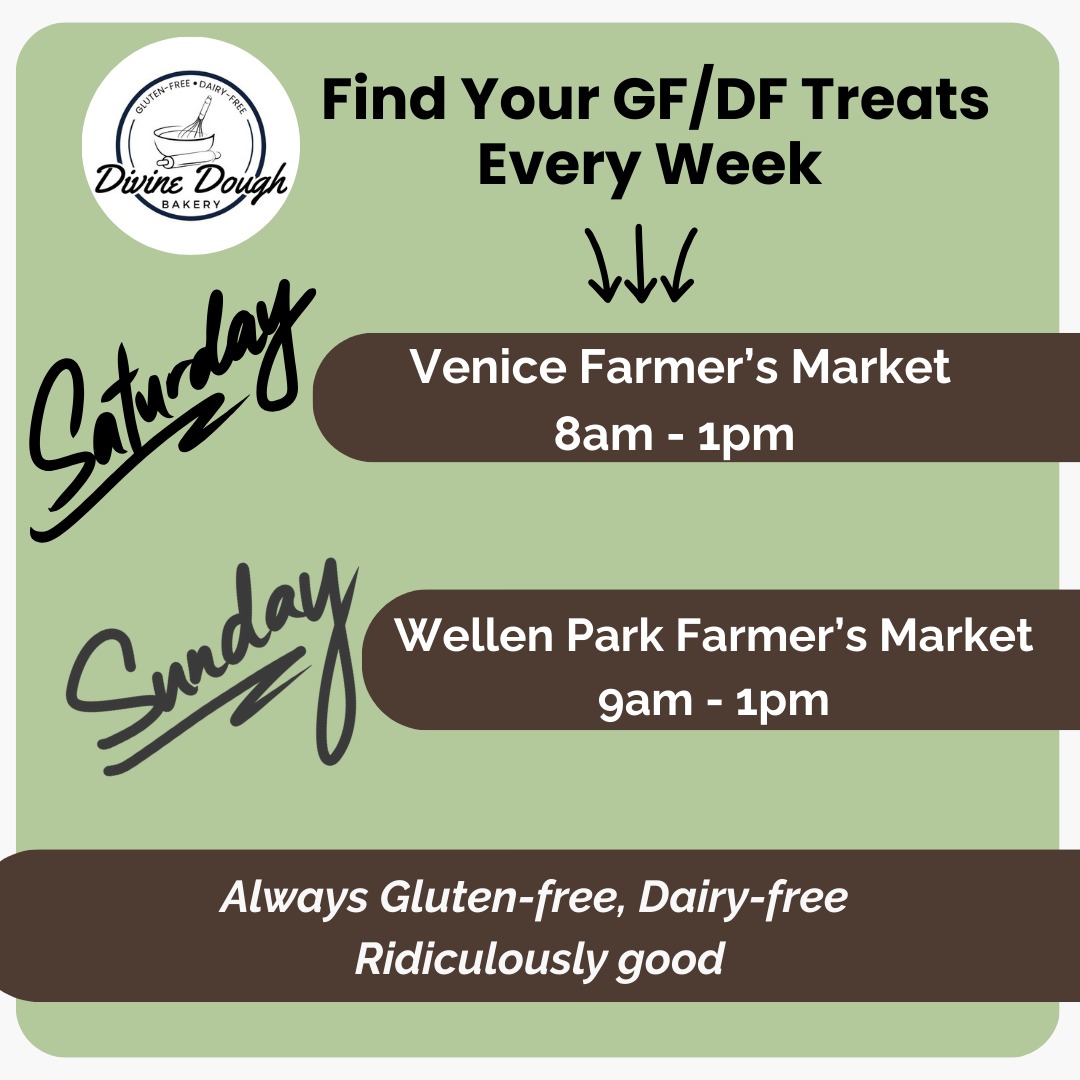 Find us at these markets and stock up on your favorite gluten-free, dairy-free treats. Always baked fresh, soft, and full of flavor. 🍞🍪😍
Here’s where you can catch us the rest of the month ⬇️
📍 Saturdays - Venice Farmers Market
📍 Sundays - Wellen Park Fresh Market
We can’t wait to see you!
#DivineDoughBakery #venicefarmersmarket #wellenparkfreshharvestmarket #englewoodfl #venicefl #wellenparkfl #glutenfree #dairyfree #glutenanddairyfreebakery