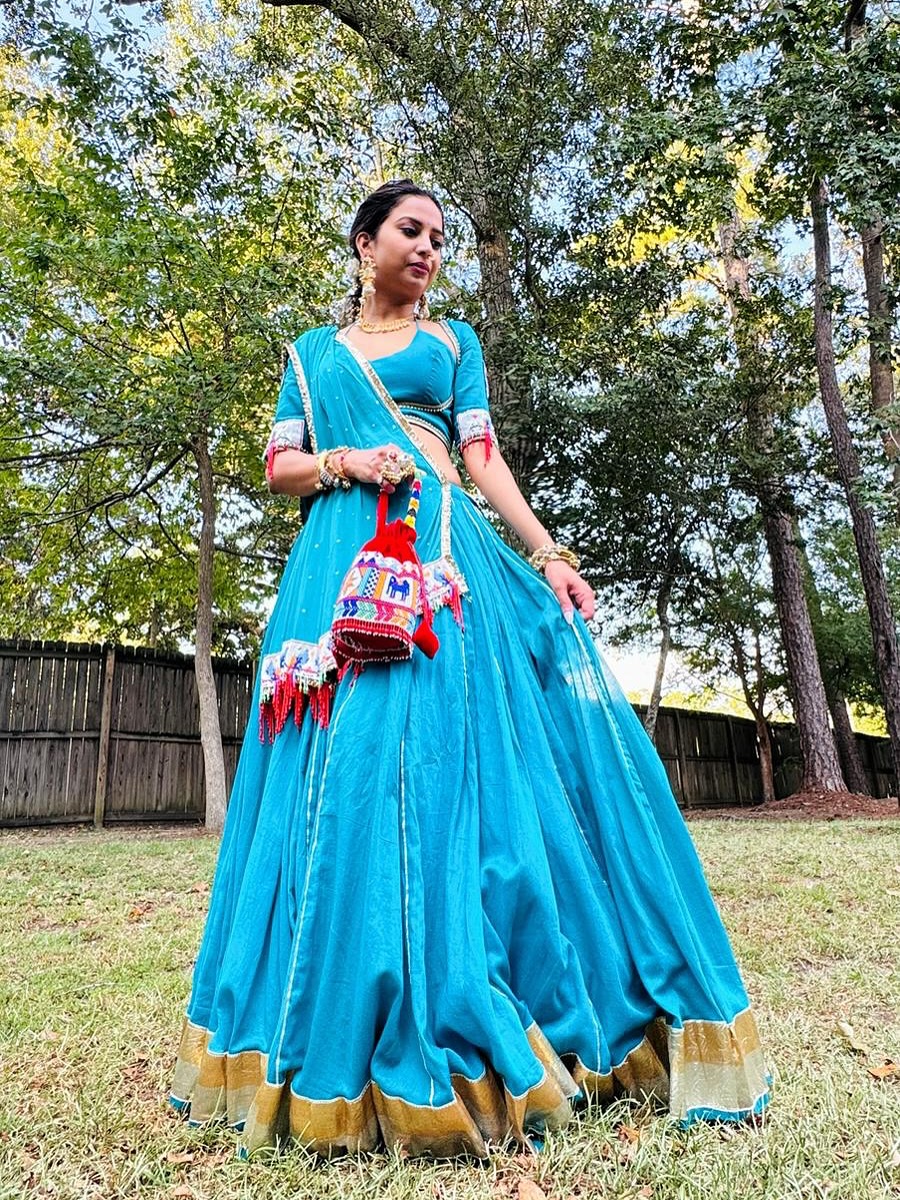 Festivals become even more special when our clients shine in our handcrafted pieces – glowing in this dreamy blue chaniya choli.
Our muse glowing in this handcrafted sky-blue chaniya choli ✨ a blend of tradition & elegance 💙