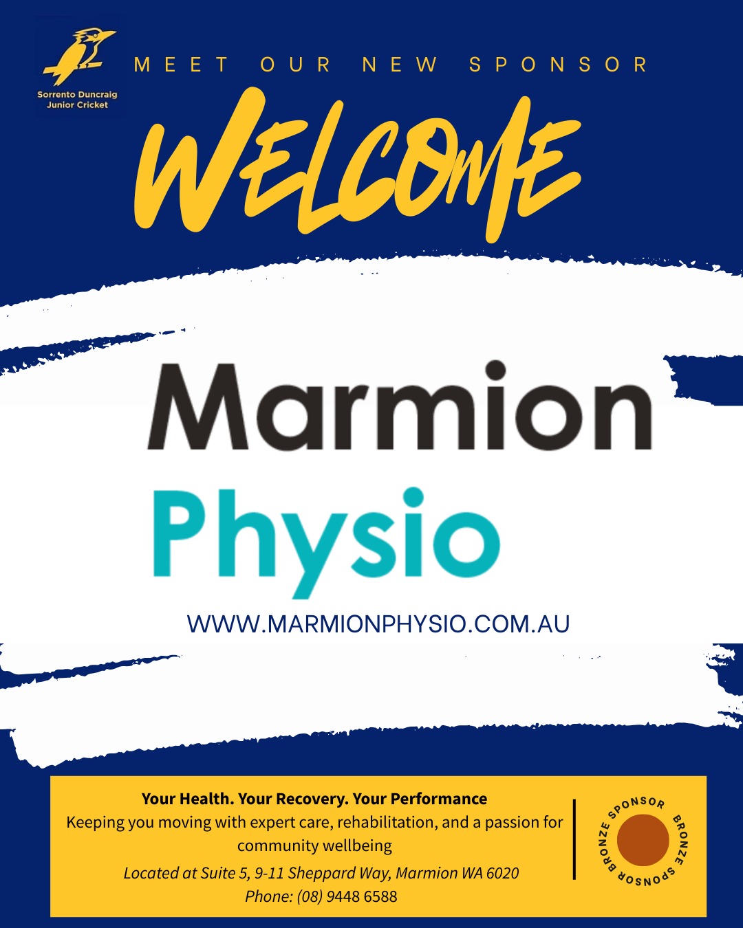 🏏 Welcome Marmion Physio!
We’re very excited to have Marmion Physio join as a sponsor of the Sorrento Duncraig Junior Cricket Club—your support helps our junior cricketers thrive on and off the field.
With a passion for keeping the community moving, their team is dedicated to helping people recover, stay active, and perform at their best. 🏃♀️💪🤸♂️
Please support our local sponsor — and mention Sorrento Duncraig Junior Cricket Club to receive 10% off.
@marmion.physio