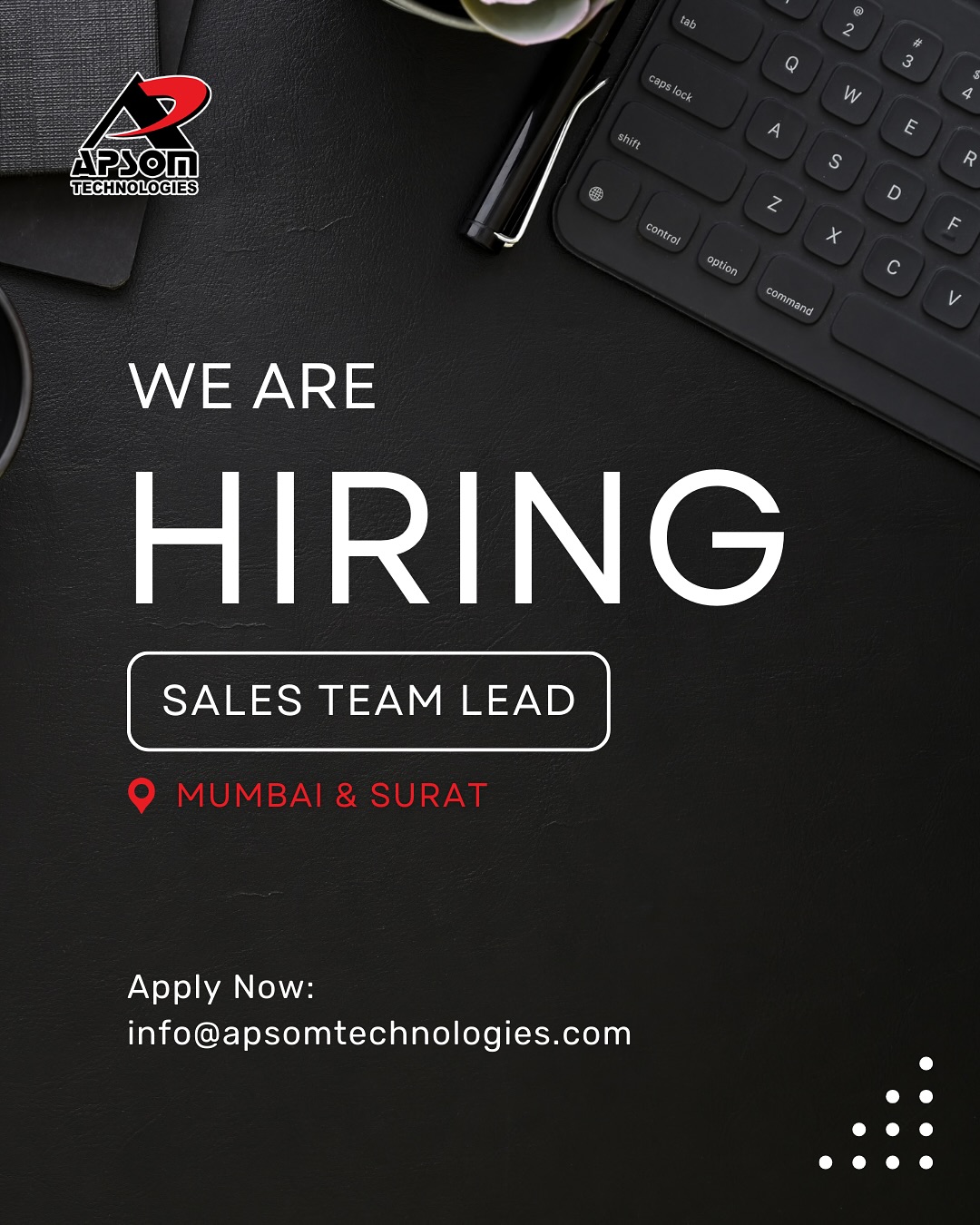 🌟 We’re Growing Our Team!
We’re on the lookout for a Regional Sales Team Leads to join us in Surat and Mumbai. This role is perfect for someone with 2–4 years of experience in textile machinery sales (B2B) who loves connecting with clients, building long-term relationships, and driving business growth.
As part of our team, you’ll drive sales growth in your region, generate leads, recommend solutions, and collaborate with a supportive team that values trust, collaboration, and interpersonal growth.
If you’re proactive, customer-focused, and ready for an exciting challenge, we’d love to hear from you!
📧 Apply now: info@apsomtechnologies.com
.
#Hiring #SalesExecutive #TextileMachinery #B2BSales #Surat #Mumbai #CareerOpportunity #JoinOurTeam