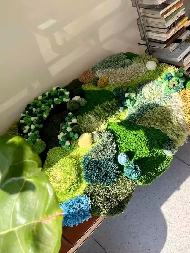 Cozy corner upgrade? Moss rug + books = the perfect reading nook 😌📖✨