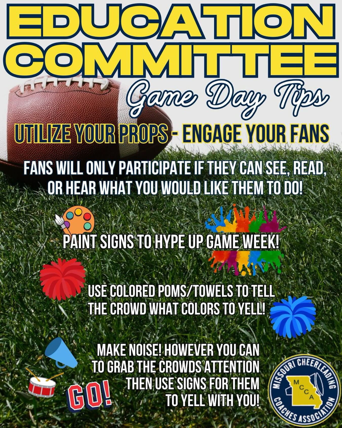 📣Get the crowd involved!
You don’t need to expensive props to have effective props! Get creative and use the tools already within your school!
#mocheer #missouricheer #mcca #missouricheercoaches #sidelinecheer #cheerleading #gameday