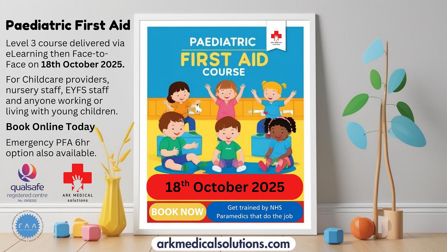 Paediatric First Aid. 2 day course delivered in 1.
This course is delivered via blended learning, with unit 1 completed online via eLearning in your own time at your own pace.
Unit 2 is the face to face element and our next course is Saturday 18th October at Little Birds Preschool in Swanage.
Enrol today for £89.95 including eLearning licence and certification and get taught by those that do the job, not instructors who never have.
https://www.arkmedicalsolutions.com/booking-calendar/paediatric-first-aid-12hr?timezone=Europe%2FLondon&referral=service_details_widget