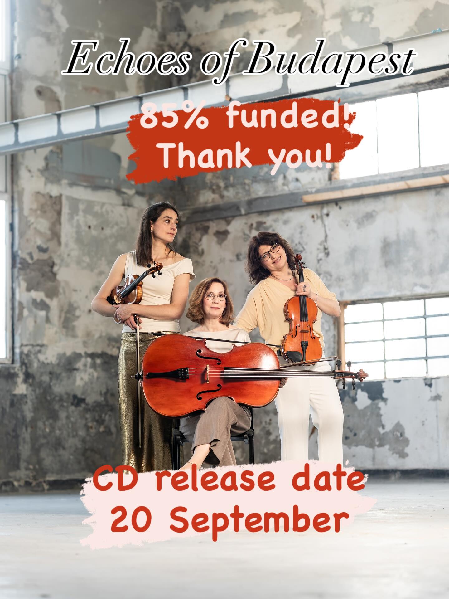 âš Campagne-update âš
We hebben geweldig nieuws!
Dankzij een gulle donatie van âŹ750 van het @cultuurfonds is onze Echoes of Budapest crowdfundingcampagne inmiddels voorbij de 80%! đ
Dit betekent dat we met zekerheid kunnen zeggen dat de campagne nu al een succes is, en dat is volledig te danken aan jullie fantastische steun. đ
Maar we zijn er nog niet helemaal: de campagne loopt tot 20 september, de dag waarop ook onze nieuwe cd Echoes of Budapest verschijnt. Wil je nog deel uitmaken van dit avontuur en ons helpen de laatste stap te zetten? Dat kan nog steeds!
đ Heel veel dank voor jullie vertrouwen en voor het mogelijk maken van onze muziek.
đ link in bio
@cobrarecords_official
@voordekunst
đž @deschaapjesfabriek
#TheHagueStringTrio #EchoesOfBudapest #Crowdfunding #Kamermuziek #CDRelease