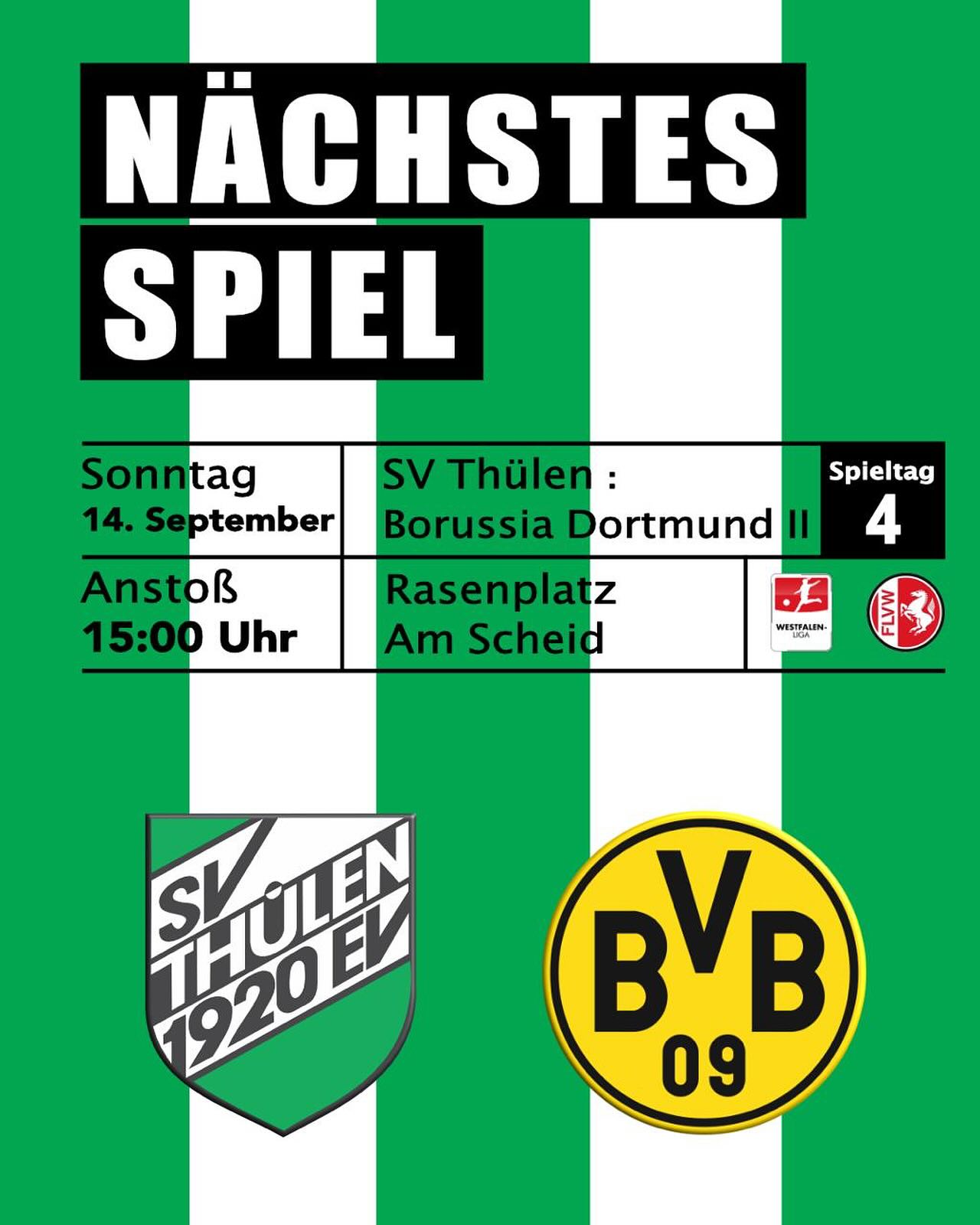 ⚽ Zweite Welle von Borussia Dortmund präsentiert sich am Thülener Scheid ⚽
Am 4. Spieltag der Westfalenliga empfangen die Fußballdamen des SV Thülen erneut die Schwarz-Gelben am heimischen Scheid.
Dabei handelt es sich aber dieses Mal um die zweite Mannschaft von Borussia Dortmund.
Der BVB II ist im Sommer als Meister von der Landesliga Staffel 2 in die Westfalenliga aufgestiegen und schlägt sich in der neuen Liga bis jetzt sehr beachtlich.
Die Gäste konnten alle drei Spiele für sich entscheiden und rangieren mit einer Ausbeute von 9 Punkten und 7:3 Toren auf dem 5. Tabellenplatz.
Zum Kader des Liga-Neulings gehören gleich 7 Spielerinnen, die in der letzten Saison am Aufstieg der ersten Mannschaft des BVB in die Regionalliga West beteiligt waren.
Der SV Thülen belegt mit 4 Punkten momentan den 8. Rang und kann sich nach dem schweren Spiel auf Schalke vor einer Woche nun auf die kommenden Aufgaben konzentrieren. Überflieger S04 ist für die Grün-Weißen kein Maßstab. Die Punkte muss die Mannschaft vom Trainerduo Werth/Heinke gegen andere Teams in der Liga holen.
Der Gastgeber wird heute Nachmittag natürlich wieder alles daran setzen um auch gegen den BVB II erfolgreich zu sein.
Anstoß ist um 15 Uhr auf dem Rasenplatz in Thülen.