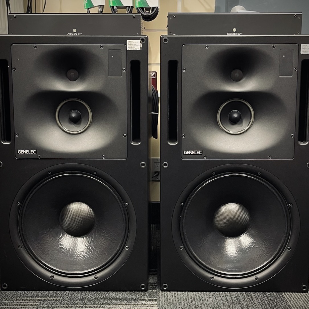Guys!! We have a pair of Genelec's largest 3 way midfield monitors: 1238A SAM.
Flush mount or on stands, your choice. We have tested them here in the shop and they sound amazing!
Reg: $9,250ea. Get them used for $4999ea!! Just about half price. And, you don't have to wait for the Attic Sale!
Here's the details:
The great legacy of the @genelec_usa 1038 is brought straight to the cutting edge of monitoring technology with the 1238A. The large format, three-way system combines Genelec's acoustic expertise with the extraordinary adaptability of Smart Active Monitoring (SAM ).
Building on the success of a legend, the 1238A draws on more than 35 years of experience to produce a three-way system that's second to none. Flush-mounting the 1238A is now easier than ever before thanks to its RAM-L integrated amplifier module, which can be rack-mounted away from the enclosure. A 15 inch woofer, 5 inch midrange driver (both with Class D amplification) and 1 inch metal dome tweeter (Class AB amplification for ultra-wide bandwidth) combine to produce a peak SPL of 121dB, with a large Directivity Control Waveguide (DCW) ensuring excellent on- and off-axis imaging. Engineering excellence then meets the power of SAM. Genelec Loudspeaker Manager (GLM) software allows for the fine adjustment of up to 30 individual Smart monitors and Smart subwoofers, while AutoCal compensates for detrimental room influences to perfectly calibrate your set-up for your listening environment.
A new reference point for large format, three way monitors, the 1238A represents the optimum balance between experience and innovation.
Features:
• Smart Active Monitor (SAM) Systems
• Directivity Control Waveguide (DCW) Technology
• Optimized Amplifiers
• Active Crossovers
• Intelligent Signal Sensing (ISS) Technology
Specifications:
• SPL: 121 dB
• Frequency response: 30 Hz 22 kHz (-6 dB)
• Accuracy of frequency response: +/- 2.5 dB (35 Hz - 20 kHz)
• Driver dimension: Woofer 15 inch + Midrange 5 inch + Tweeter 1 inch, metal dome + DCW
• Amplifier power: Woofer 500 W + Midrange 250 W + Tweeter 200 W
• Dimensions: H 810 x W 480 x D 420 mm, 32 x 19 x 16 1/2 inch
@longandmcquade @genelec_usa