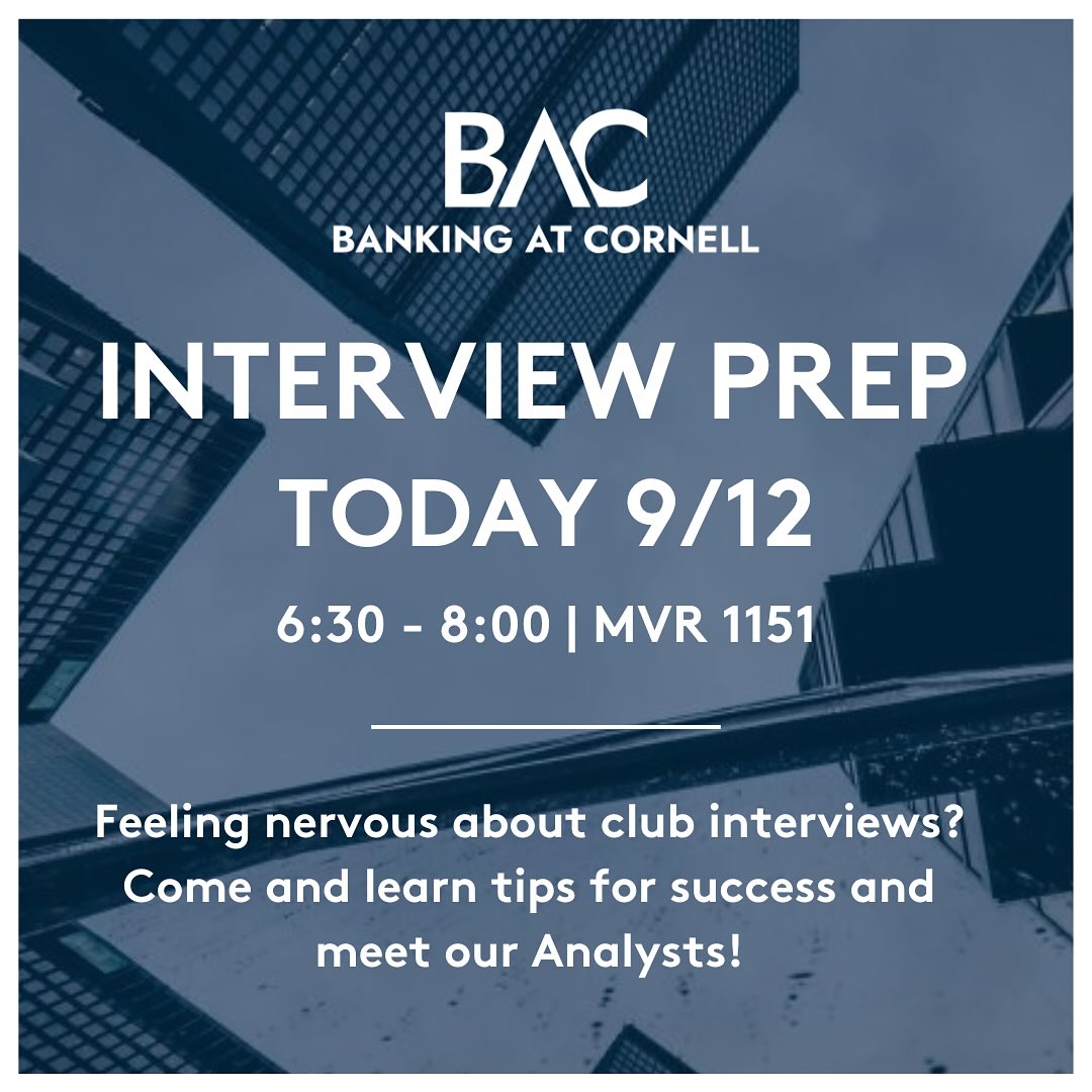 Join Banking at Cornell tonight in MVR to get some interview tips! Looking forward to seeing you all for our last event before applications close🎉