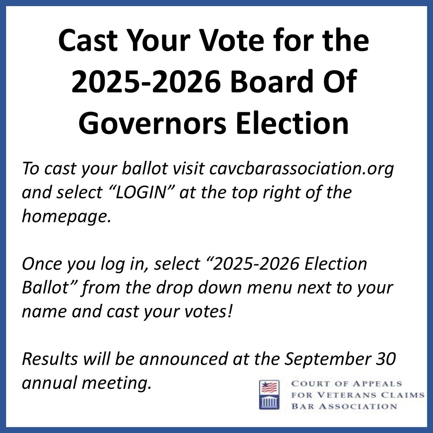 Membership questions or technical difficulties with voting? Reach out to cavcbar@gmail.com