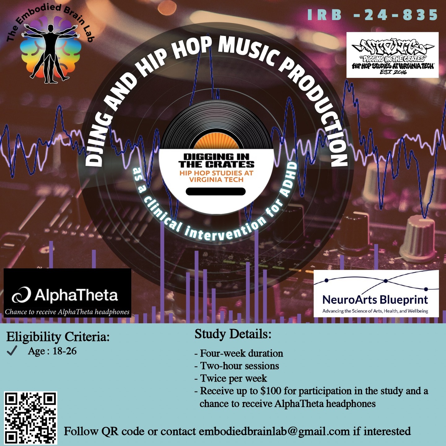 The Embodied Brain Lab and Virginia Tech Digging in the Crates are partnering for a new, exciting research study on the impact of DJing on mental health 🧠
For more information, follow the QR code or email us directly!