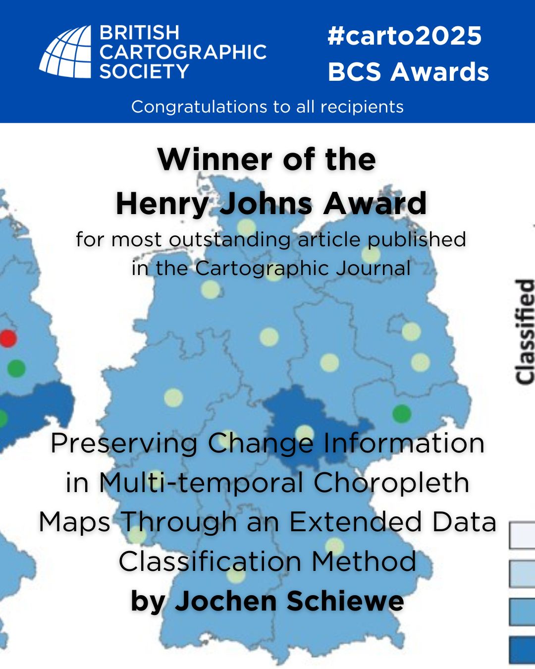 Thank you to our sponsors Lovell Johns (@mapsinter) and our judging panel from The Cartographic Journal.
The most outstanding article award goes to Jochen Schiewe.
Don’t forget that members can read this and all articles from The Journal online!
#awards #carto2025