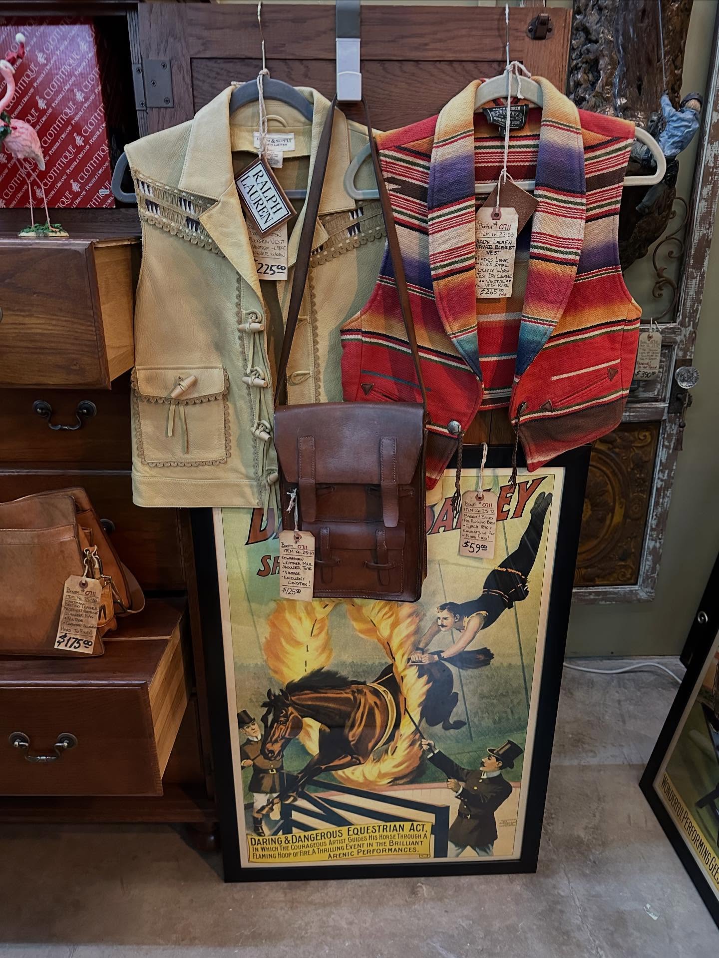 #lonestarantiques Three Polo Ralph Lauren Native American vests in women’s medium size. The two leather vest are extremely hard to find. Condition is “very good”.