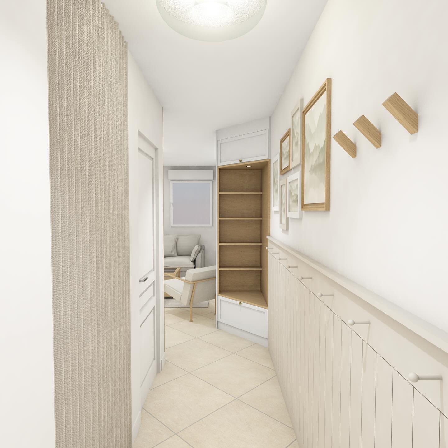 | PERSPECTIVE 3D - AMALIA
Avant, cette entrée était encombrée : porte-manteaux débordant, console et banc-coffre bloquaient le passage…
Aujourd’hui, elle respire.
• Le soubassement en lambris beige guide le regard
• Les patères à hauteur d’enfant accueillent les manteaux en toute autonomie
• Trois crochets en bois pour les grands complètent le décor
• Un rideau en lin adoucit l’espace et cache l’existant
• Et le meuble sur mesure, décalé vers le séjour, regroupe assise, rangements et étagères
Résultat : un espace libéré, chaleureux et qui donne enfin envie de rentrer.
Swipe pour voir la transformation ➝
#architectedinterieur #amenagementinterieur #renovationinterieure #projetsurmesure #decointerieur #decoratricedinterieur #architectedinterieur74 #decohautesavoie #interiordesignannecy #AgenceSarahAssolen