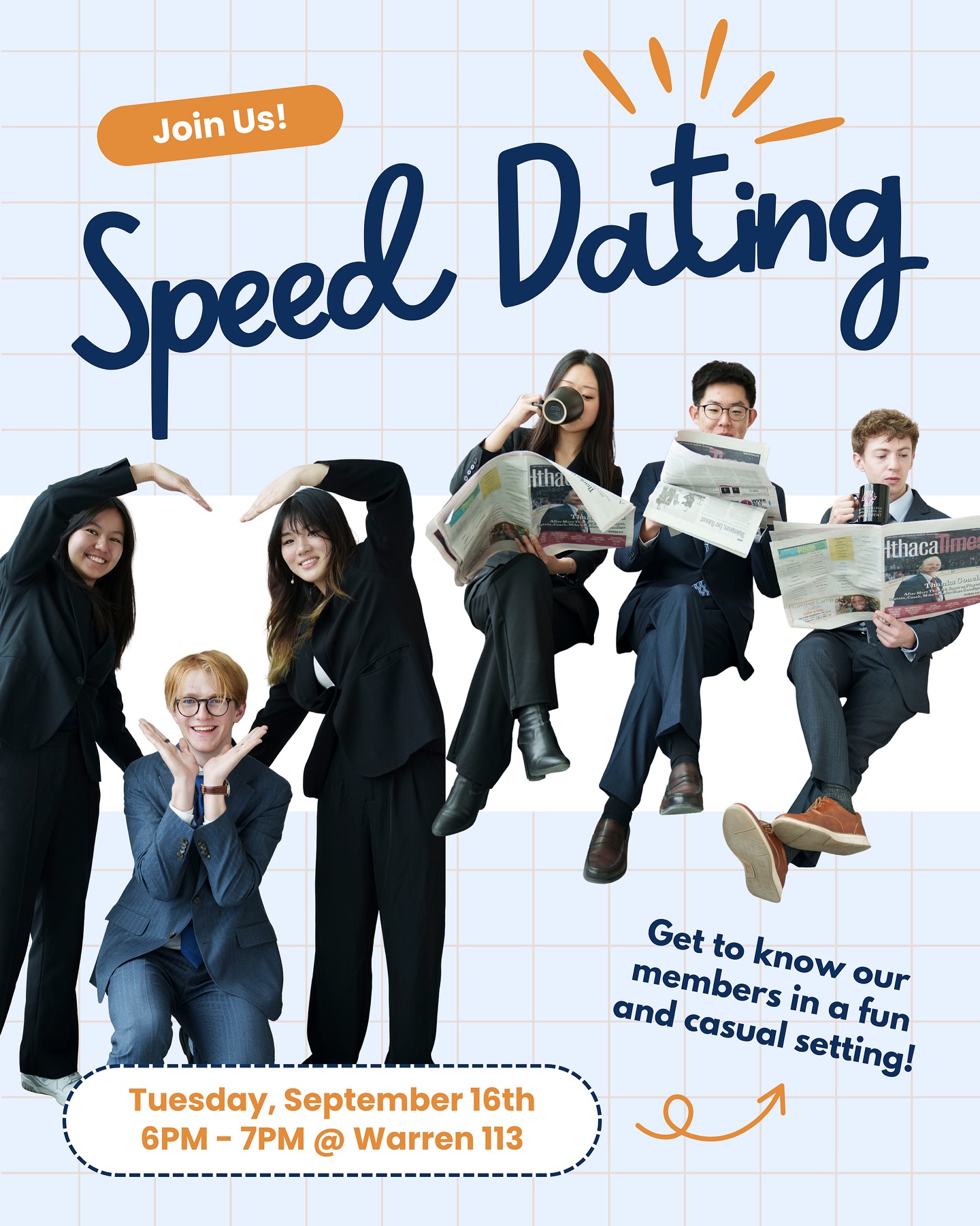 Join us tomorrow for our final recruitment event! Speed dating will be a fun and casual way to meet and talk to many of our members! We are excited to hear all of your hot takes, so see you all there!