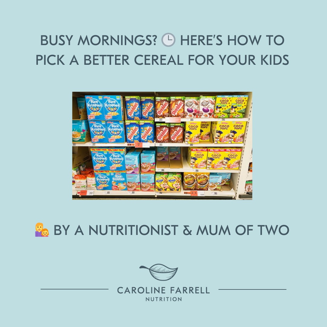 Busy mornings? 🥣 My tips on how to pick a better cereal for your little ones.
As a mum and a nutritionist, I always try to give my kids the best start to the day. For me, a balanced breakfast should have:
🥣 Fibre
🍳 Protein
🍓 Fruit
❌ Low sugar
This helps keep my girls full, stabilises energy, and makes it easier to focus at school.
On a good morning I’ll do oats, porridge, or eggs on toast with nut butter. But mornings don’t always go to plan! Some days we need something quick, and that’s when cereal comes in.
Many cereals are ultra-processed and full of sugar. And the front-of-pack health claims can be misleading:
• “Fortified with vitamins” → still sugary & ultra-processed
• “Source of fibre” → e.g. Coco Pops = only 1 g fibre per bowl
• “Wholegrain” → often just a tiny % wholegrain, rest sugar/refined
Always flip the pack and check the nutrition panel (fibre, sugar, ingredients).
Here’s what I look for in a cereal:
✅ ≥ 6 g fibre per 100 g
✅ ≤ 5 g sugar per 100 g
✅ Short ingredient list
My top choices are @weetabixofficial Weetabix or Oatibix, and @shreddedwheatuk Shredded Wheat.
To boost the nutrition:
🥛 Add milk (dairy or soy for protein)
🌱 Sprinkle seeds/nuts (called “sprinkles” in our house!)
🍎 Add fruit for vitamin C, antioxidants & extra fibre
I hope this helps next time you’re standing in the cereal aisle wondering what’s best for your little ones.
What’s your child’s go-to cereal?
#cleverswaps #ingredientsmatter #TheUPFSwitch # #UPFswaps #HealthySwapsMadeEasy #SwitchTheUPF #carolinefarrellnutriiton #healthycereals