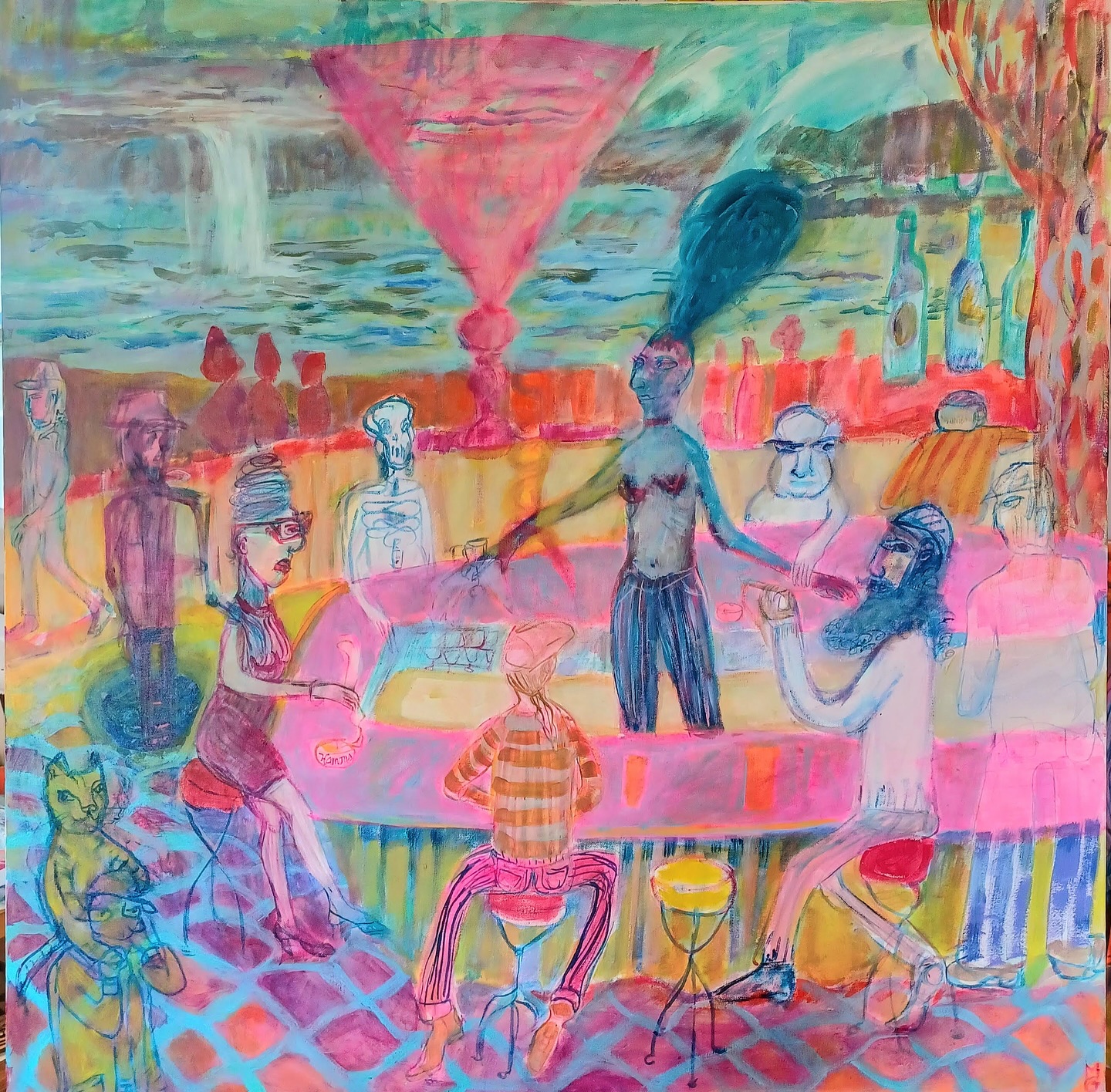 Collect Call 6 Collectors Carrie McCabe-Johnston and Jasha Johnston are celebrating the artists in their collection by inspiring others to include their artwork in their own homes. The unique aspect of this celebration is that the pieces on display are available for sale, allowing you to expand your collection with works by these talented artists. Collect Call 6 Opens October 18th, 6-9pm.
Mary Gibney combines readymade and found objects with handmade art to create layered surfaces filled with paintings, drawings, collages, and various ephemera. Her goal is to overwhelm the audience with intricate details while inviting them to explore and interpret their own meanings within her devotional art space. She is particularly fascinated by body parts, peculiarities, and oddities, with a special focus on heads—both portraits and detached versions. In her art environment titled “Mindhole,” showcased at Hair + Nails Contemporary Arts, she featured hanging and impaled papier-mâché heads, alongside paintings, drawings, and collages, all intermixed with child-sized furniture and toys. Gibney’s creative philosophy is that more is better, and there is always room for another visual element. Residing in Minneapolis, Gibney holds a BFA from the University of Minnesota and has exhibited her work extensively, both locally and internationally. She enjoys visiting small bars with live music, biking down alleys, and discovering the visual details of the city.
“It’s a Pink Pink Pink World”, Acrylic on canvas, 2024, $700, 36”x36 @marygibneyart