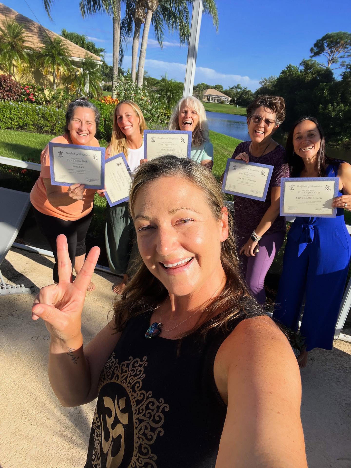 In a time where the world desperately needs more peace and love, it was soul nourishing to spend the weekend with these 5 lovely lightworkers who delved deep into the Reiki energy together ☮️ Congratulations on your hard work and Usui Reiki Level 1 certification ✋💜🤚 We laughed (A LOT, thank you Tracey), cried tears of both grief and joy, drank Reiki infused tea blends (thank you Donna), shared delicious, nourishing food together (inspired by our chef extraordinaire Tracey) and learned and practiced Reiki in a supportive space of trust and love. By taking time to heal their own inner hearts with compassion and self-love, the sharing of that loving light to others who need it is a natural extension of the Reiki level 1 work ✨🌸
I always say a theme emerges in these trainings and couldn’t come up with just one! But Tracey nailed it – “The Magic Reiki Sisterhood nourished with trust, humor and soulful love.” 🫶🏻 Thank you for entrusting me with your Reiki journey, the world is a better place with each of you spreading your healing, loving light and energy 💫🌟. Can’t wait for Level 2 with you all 🥰
#reiki #reikihealing #reikimaster #reikilevel1 #palmcityreiki #lightworker #lightworkersofinstagram #chakrahealing #vibrationalhealing #attitudeofgratitude #energyiseverything #energyhealing #happyandhealthy #greatestgifts #reikiislove