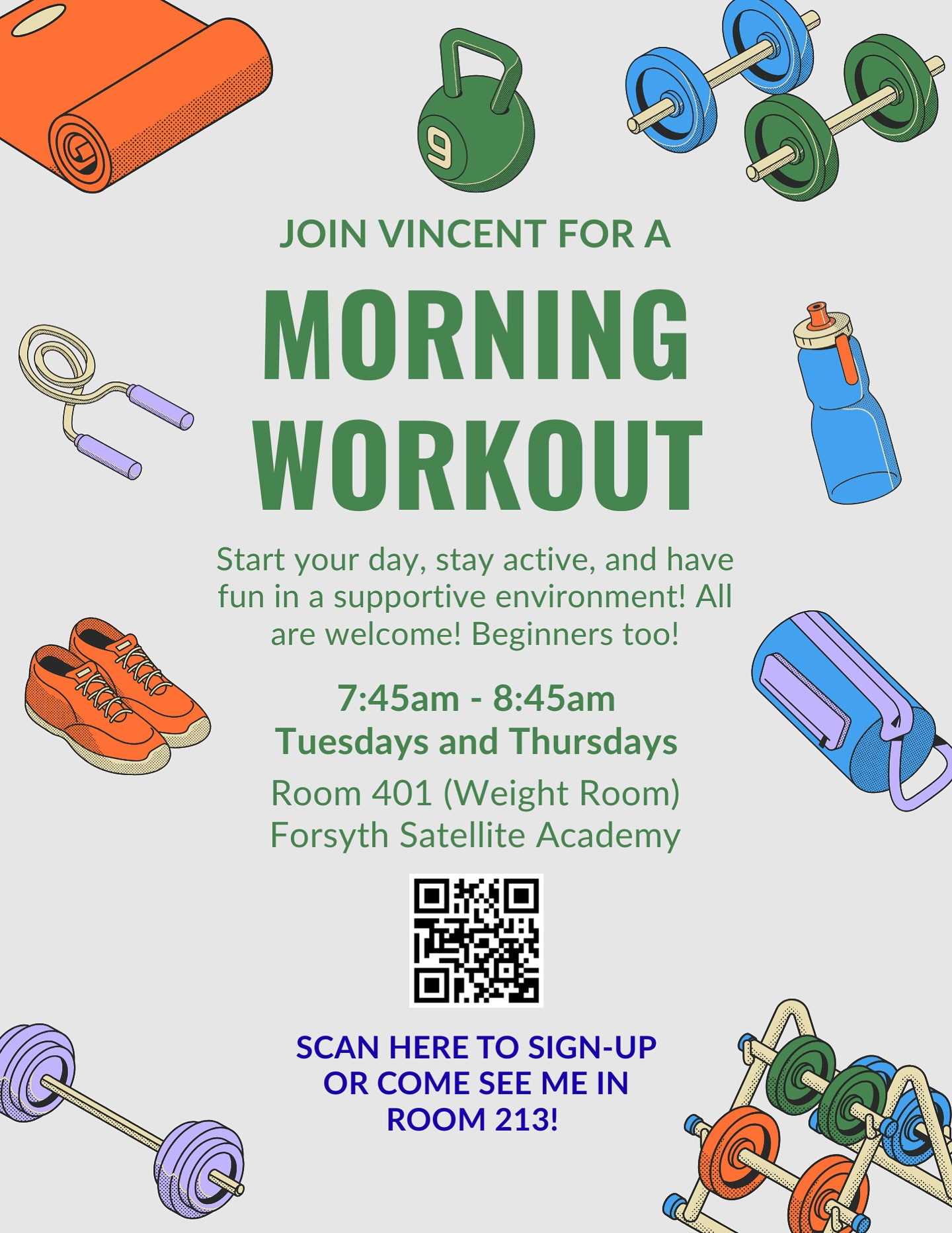 Morning workouts with GC/Coach Vincent 💪 Gym upstairs available for students starting next week at 7:45 on Tuesdays and Thursdays!
#forsythsatelliteacademy #weightlifting #gym #morningworkout #gymmotivation #gym