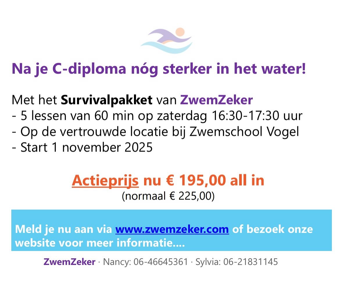 Mooie kans voor kids met een C-diploma… Haal op de locatie van @zwemschoolvogel je survival 1 certificaat in 5 lessen nu voor
€ 195,00 all in (ipv € 225,00). Check onze website www.zwemzeker.com en meld je aan!