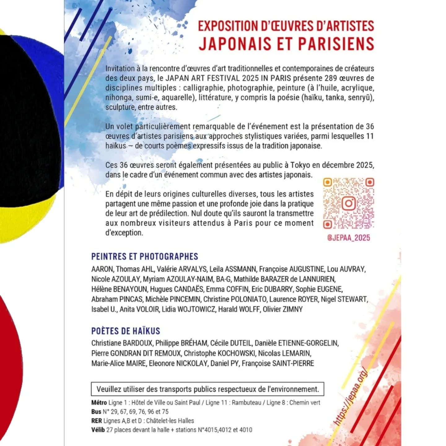 🎨 Rendez-vous exceptionnel à Paris !
Honorée de participer au Japan Art Festival 2025 : un événement prestigieux réunissant 289 œuvres, 25 artistes français et 11 poètes haïkus, sous le haut patronage de l'ambassade du Japon en France et avec le soutien de la mairie Paris Centre.
J'y exposerai pour la première fois "Stelo", une nouvelle œuvre abstraite de ma collection "Électrons libres".
📍 Mes présences : Tous les après-midis dès 14h30
Horaires et lieu de l'exposition :
Vendredi 19/09 : 12h-19h
Samedi 20/09 : 11h-17h
Dimanche 21/09 : 11h-17h
Halle aux Blancs Manteaux
(Métro Saint-Paul ou Rambuteau)
🗾 L'exposition s’envolera vers Tokyo en décembre !
Entrée libre - Venez découvrir cette rencontre artistique unique !
#JaponArtFestival2025 #ArtContemporain #EchangeCulturel #ExpositionParis #ArtFrancoJaponais #ArtistesFrançais #ArtistesJaponais #Haiku #FranceJapon #EntreeGratuite #ArtLovers #MaraisArt #HalleAuxBlancManteaux #Paris4 #ParisArt