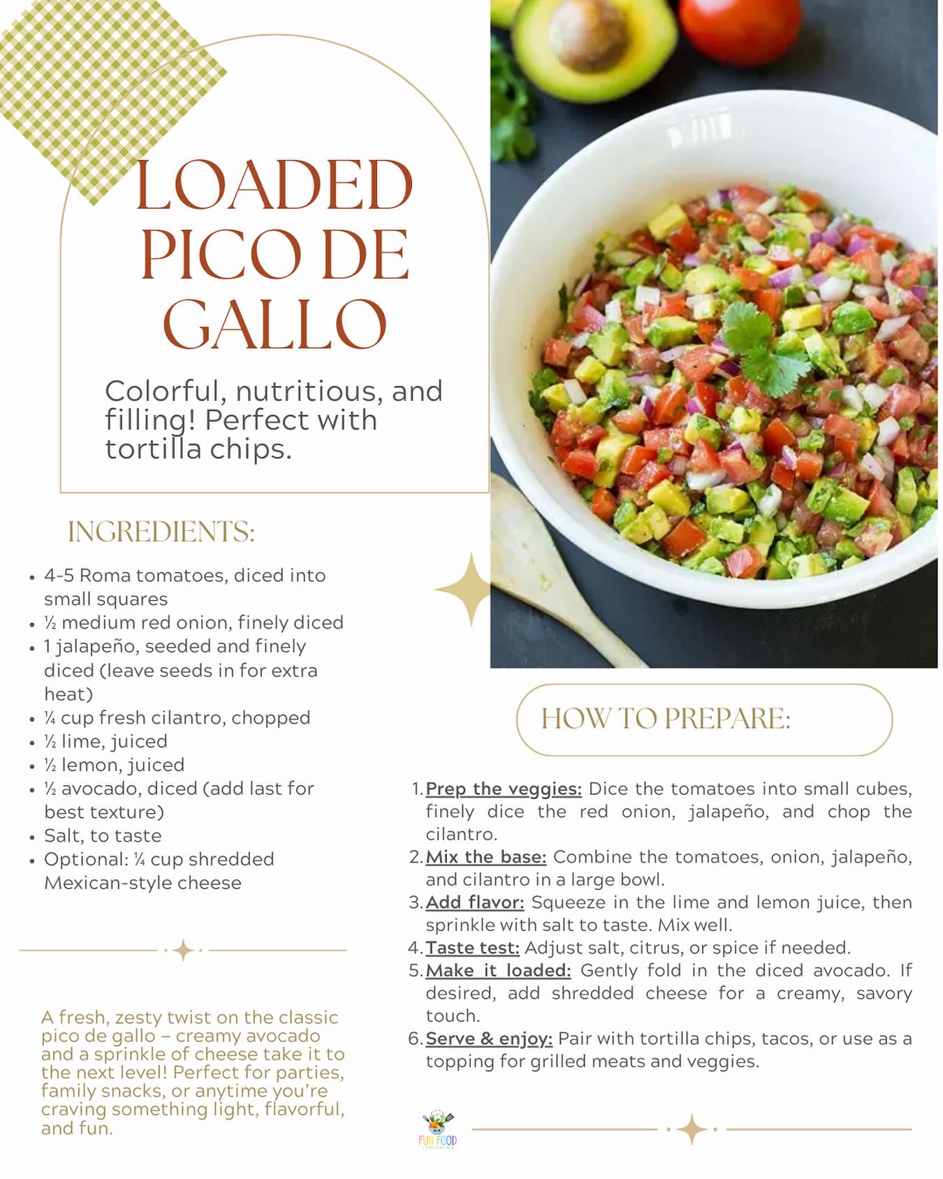 🇲🇽✨ September 16th – Mexican Independence Day 💚🤍❤️ We’re celebrating the Fun Food Explorers way… with FOOD! 🌮🥑🌶️
Try our Loaded Pico de Gallo! The Fun Food Explorer chefs absolutely LOVED it! Fresh tomatoes, cilantro, jalapeños, lime + lemon, a pinch of salt… and here’s the twist: add avocado 🥑 and shredded cheese 🧀 to make it loaded. Trust me, these flavors will blow your mind! 🤯🔥
Served with crunchy tortilla chips, it’s not just a snack — it’s a celebration in every bite! 🎉🌟
Would you try this with your kiddos? Drop a 🌮 if pico de gallo is a must-have in your house!
#FunFoodExplorers #MexicanIndependenceDay #KidChefs #PicoDeGallo #CookingWithKids