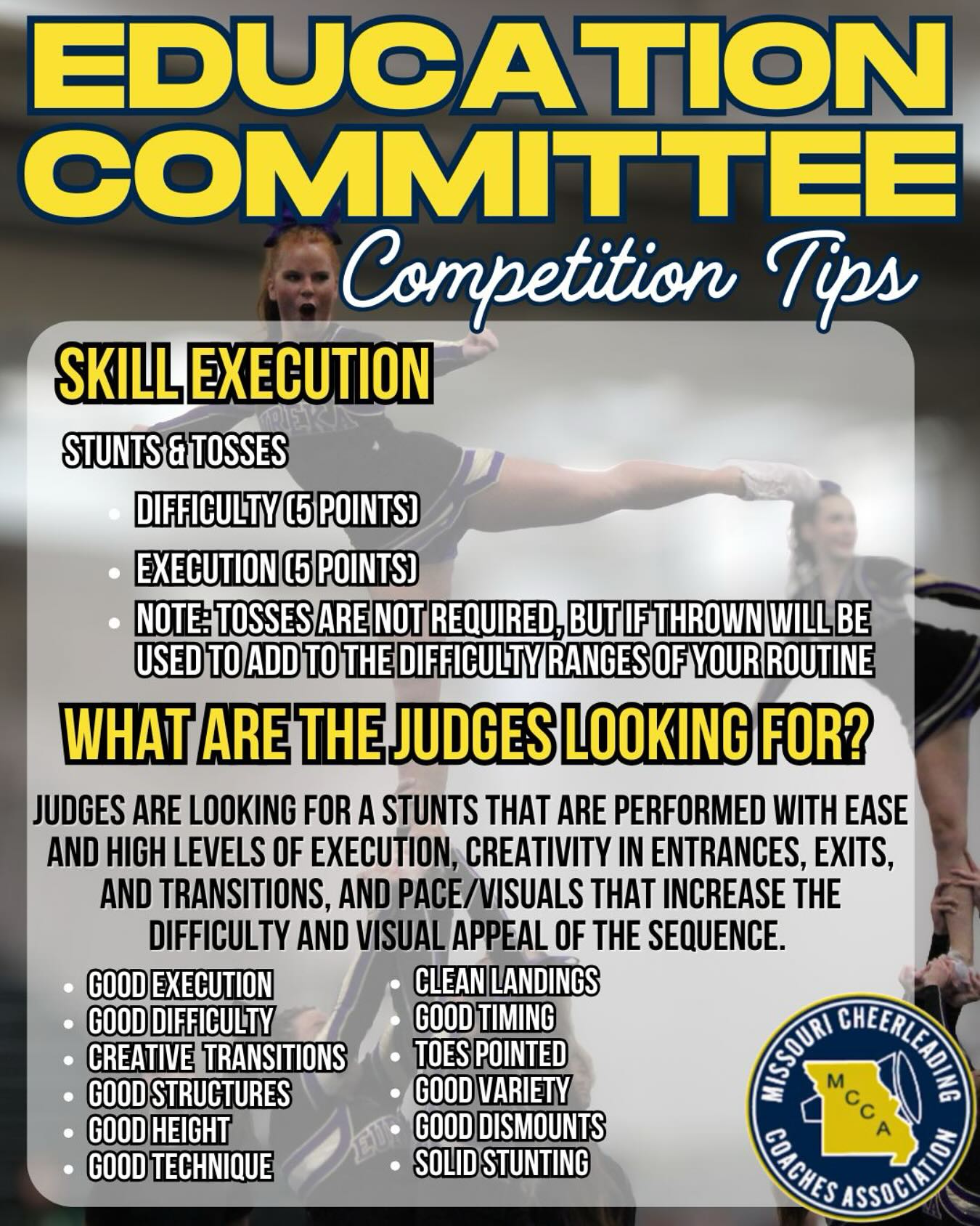Competition is right around the corner!
Be sure to get your legality videos in, check your quantity guidelines, and know what difficulty score ranges you should be in!
Check off one portion of your routine at a time to ensure a nice CLEAN and HIT routine at your first competition!
Upgrades can happen later - but a hit routine makes athletes, coaches, judges, and spectators enjoy the performance!! This is supposed to be fun, right?! 😉
#mcca #mocheer #missouricheer #edicationcommitteeexplains #competitioncheer #missouricheercoaches #stunts #stunting #scoring