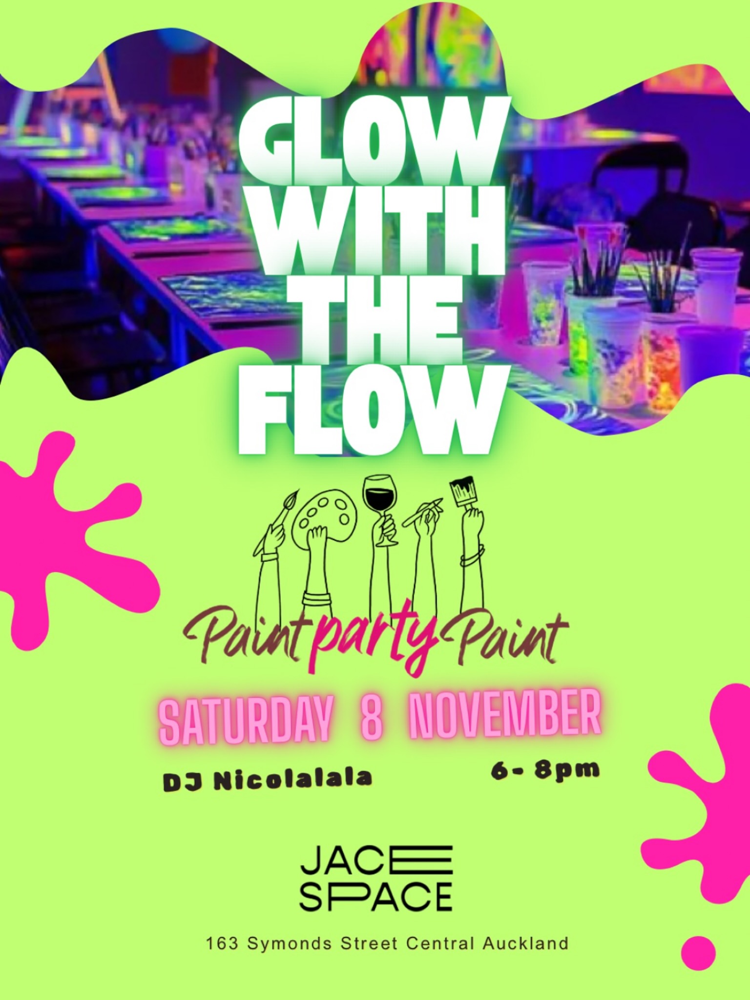 ✨ Ready to light up your night? ✨
Join us for Paint Party Paint – Glow with the Flow!
Grab a brush, sip on a drink, and let the neon take over 🎨✨
We’re going full glow mode with colors that pop, vibes that shine, and DJ Nicolalala keeping the dance floor alive 🎶
💵 $60 per person – includes:
✔️ All materials
✔️ Your masterpiece to take home
✔️ A drink + tasty nibbles
✔️ Non-stop good vibes
🖌️ Paint • Sip • Dance • Repeat 🕺
📅 Saturday, 8 November
🕕 6–8pm
📍 Jace Space
🎶 Sounds by @nicolalalaaaaa
👉 Reserve your spot at aliondraws.com and let your creativity glow!