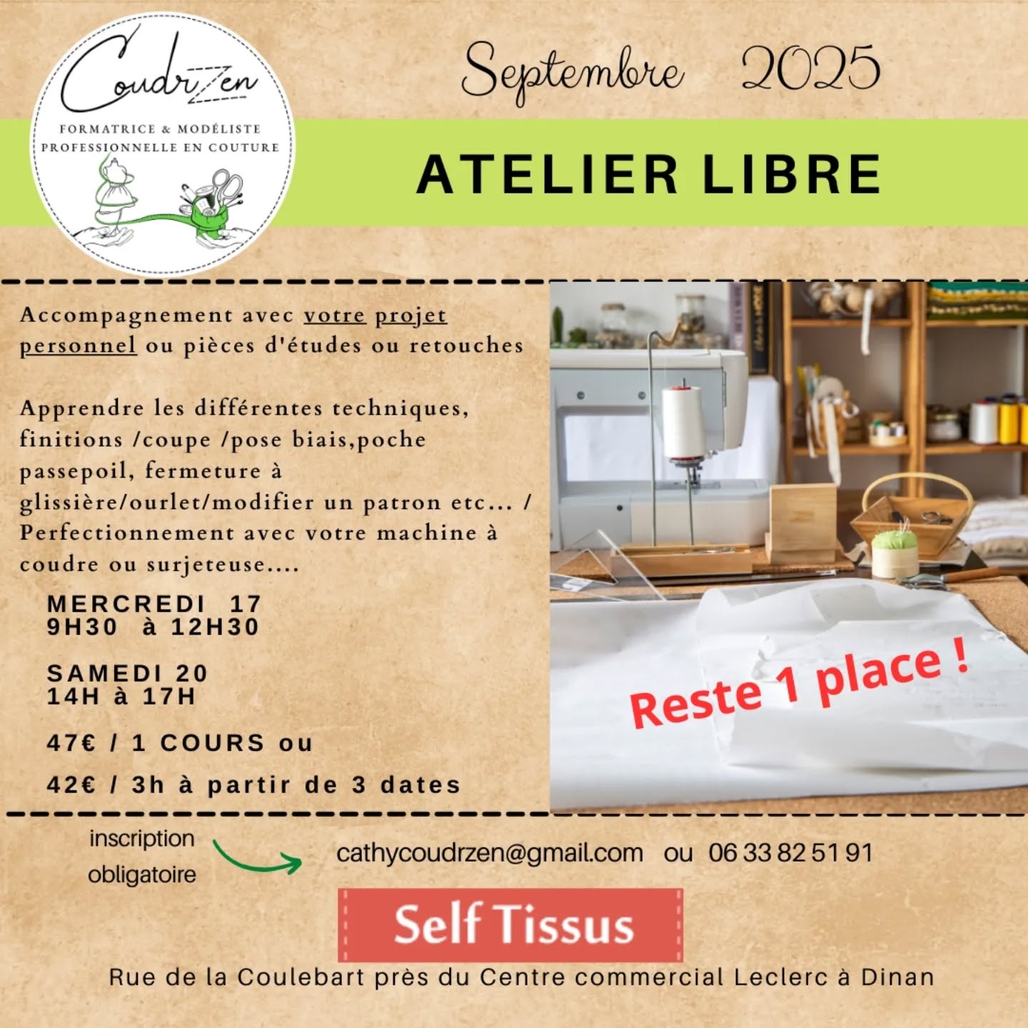 N'hésitez plus, vous avez pleins de projets mais vous ne savez pas comment commencer à utiliser le patron que vous avez acheté. Cet atelier chez @selftissus_dinan est pour vous !
Contactez moi au 06 33 82 51 91 ou cathycoudrzen@gmail.com
#couture #creative #patronage #plaisir #passion #machine à coudre