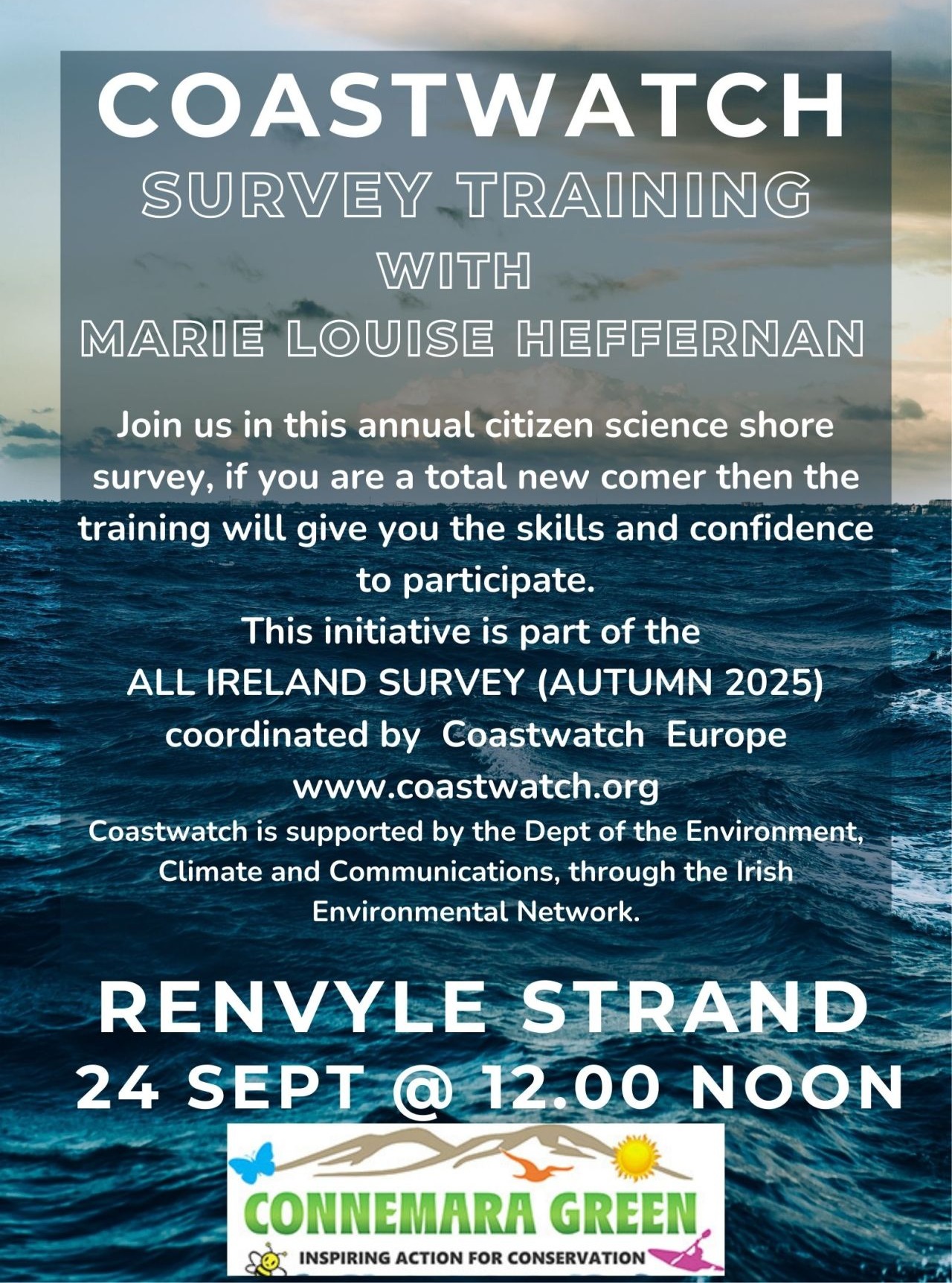 Survey training event for all Galway folk, at Renvyle Strand, September 24th at 12pm. Survey begins today and will go through October 15th! Make sure to book your survey spot so we can cover as much coast as possible! Keep an eye out for training events in your area!
More details on our Annual Autumn Survey here: https://www.coastwatch.org/all-ireland-survey-autumn-2025