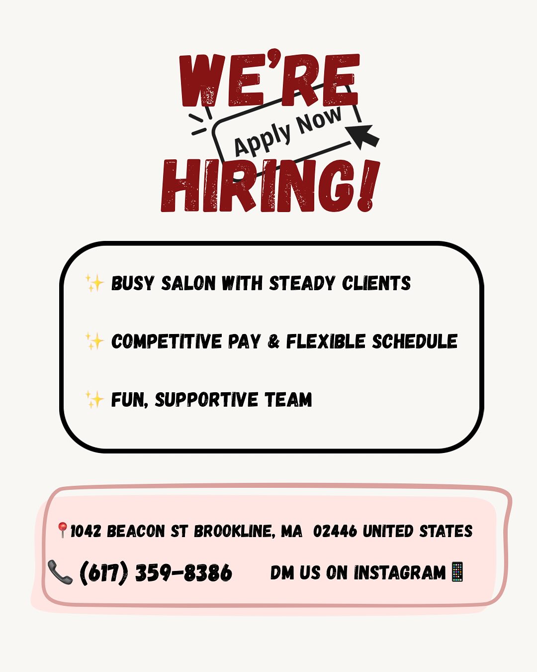 💅 We’re Hiring!
'Aer' is looking for licensed nail technicians to join our team!
📱DM us through phone number (617-359-8386) or our Instagram🎀