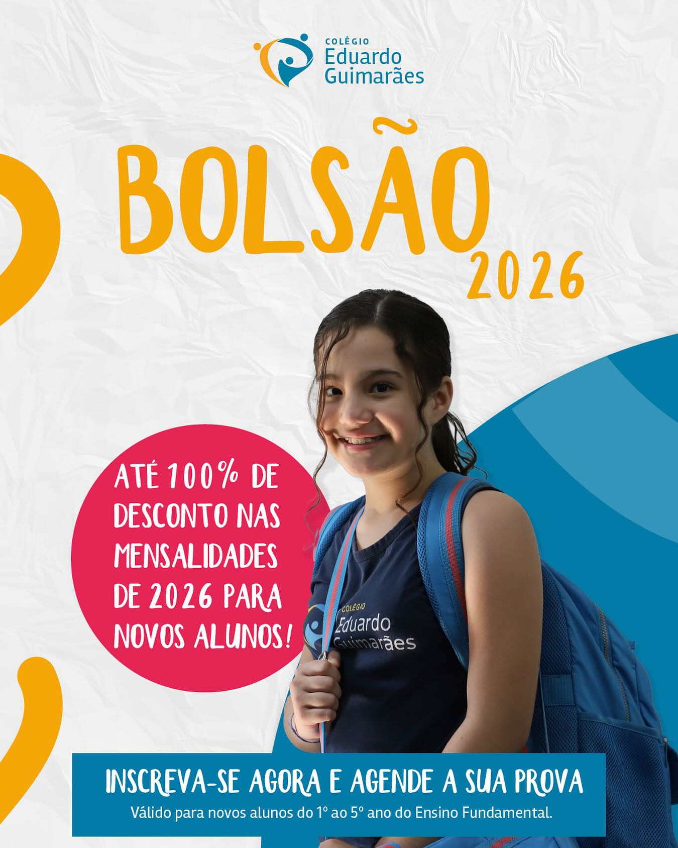 Consiga até 100% de desconto nas mensalidades de 2026!
Agende sua prova e venha estudar conosco!
Ao realizar a prova, sua nota se transforma em desconto nas mensalidades, podendo chegar até 100%.
Agende sua prova pelo WhatsApp (link na bio) ou pelo site.
#bolsão #bolsadeestudos #colegioeg
*válido somente para alunos novos
** Para turmas no 1° ao 5° ano