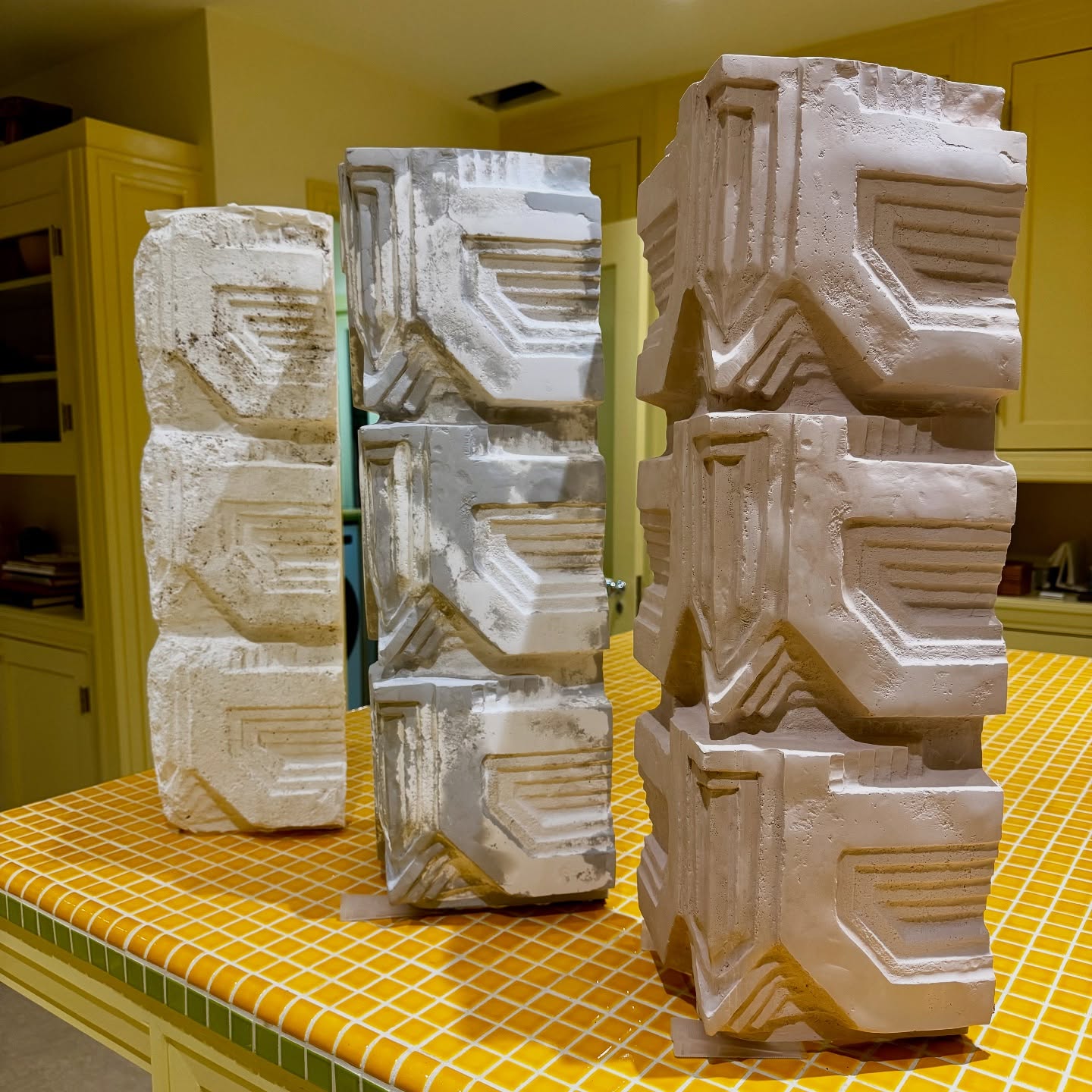 Textile block restoration progress. Got all the missing parts figured out and outlined and a new mold made as the latest baseline. It looks like we will need to hire a ceramics person to either fix it up or create a brand new version. The original block left is wrapped too much to produce clean lines.
#bollmanhouse #lloydwright #architecture #restoration #textileblock #oldhollywood