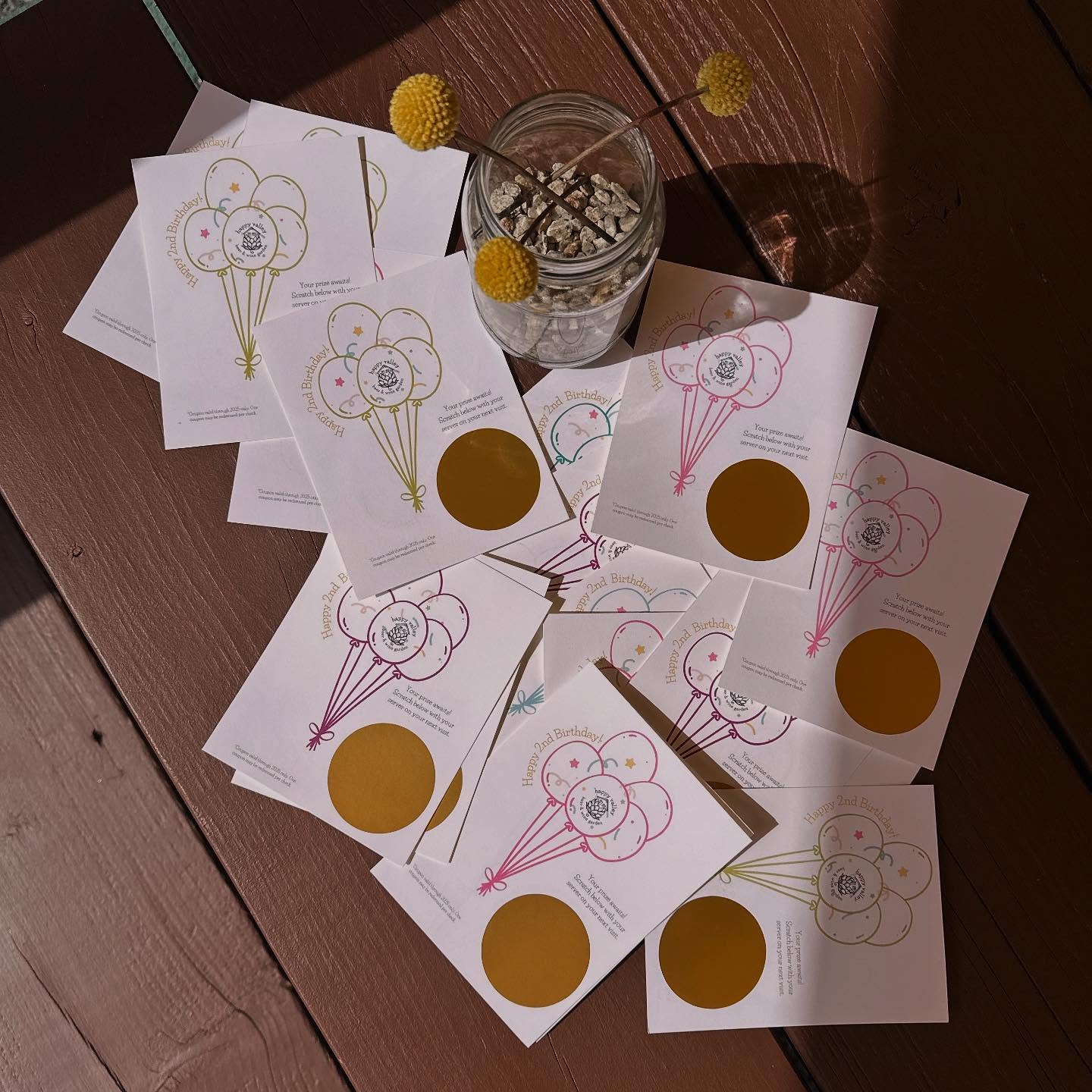 Today is our 2nd Birthday âșïž
Weâre beyond thankful for the love, laughs, and empty pint glasses that have filled this little beer garden over the last two years. đ» Happy Valley isnât just beer, wine, and sandwiches, itâs a community, a third space, and the spot where you reconnect with friends (not just that twice a year run-in at the dump).
To celebrate, weâve been handing out these scratch-off birthday cards all weekend and have more to give out today. Thereâs a surprise under each one. The catch? Youâve got to come back to scratch it. Yall know the best gift we could ever get is seeing you again. đ«¶đŒ
Cheers to 2đ»
Roxanne & Sam