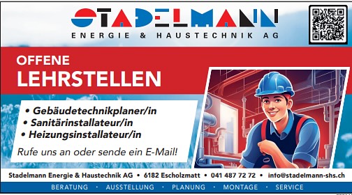 Suchst du eine Lehrstelle auf den Sommer 2026?
Wir bieten abwechslungsreiche und spannende Lehrstellen an. 👨🔧
Bewerbe dich jetzt 💻✉️
➡️ www.stadelmann-shs.ch
#Stadelmann #Escholzmatt #UnescoBiosphäre #Sanitär #Heizung #Energie #Sanitärinstallateur #Heizungsinstallateur #Gebäudetechnikplaner #Gebäudetechnik #offeneLehrstellen, #Lehrstellen, #bewerben