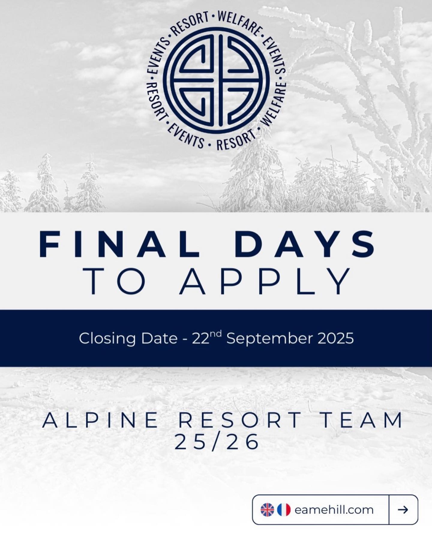 ⏰ Final Days to Apply – Alpine Resort Team 25/26 ❄️
📅 Closing Date: 22nd September
📍Locations: France 🇫🇷 | Andorra 🇦🇩 | Italy 🇮🇹
This is your opportunity to be a part of the leading Alpine Resort Team across Europe’s busiest alpine destinations this Winter.
With a week still remaining, we’ve already broken our record, receiving more applications than ever for the Alpine Resort Team this Winter. The interest, skills and experience shown so far highlight just how strong this year’s team is shaping up to be.
We’d like to thank everyone who has already shown interest. Each applicant will be contacted with an update on their progression to the next phase by the 29th of September 2025.
Make sure to submit your application by the 22nd of September 2025.
🔗 Apply now: https://www.eamehill.com/careers
One Team. Many Peaks. 🗻
#winterRoles #alpineResort #eventSafety #medicalResponse #crowdmanagement #eamehill #eamehillinternational