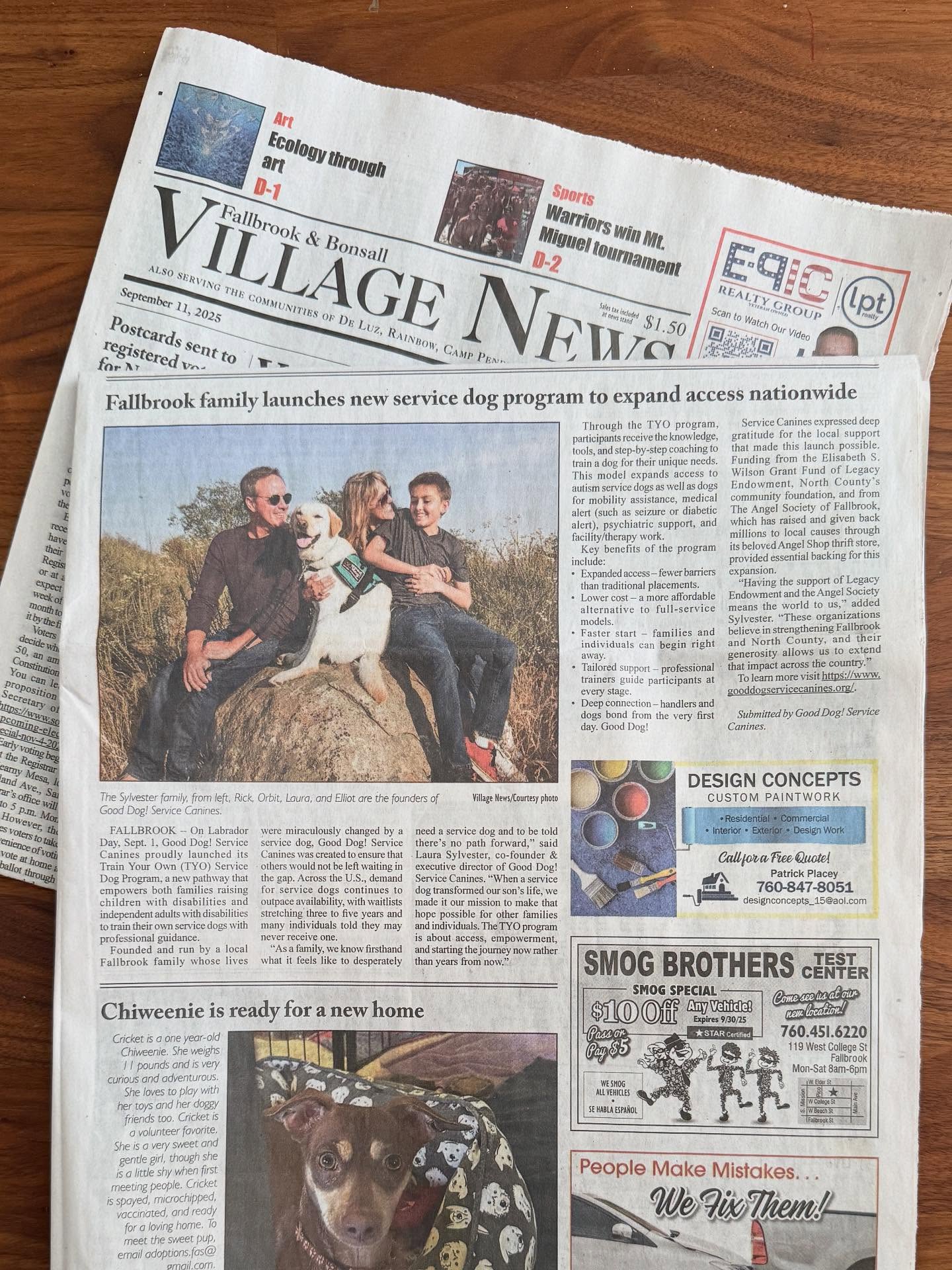 🐾 Hot off the press! 📰 Good Dog! Service Canines was featured in this week’s @fallbrookvillagenews highlighting the launch of our new Train Your Own Service Dog Program.
We’re so grateful to our hometown supporters — Elisabeth S. Wilson Grant Fund of @legacy.endowment, North County’s community foundation, and The Angel Society of Fallbrook — whose generosity made this expansion possible. 💛🐶 Together, we’re opening doors for families and individuals nationwide.
Pick up the Village News to read the full story or visit gooddogservicecanines.org to learn more.
#GoodDogServiceCanines #VillageNews #FallbrookStrong