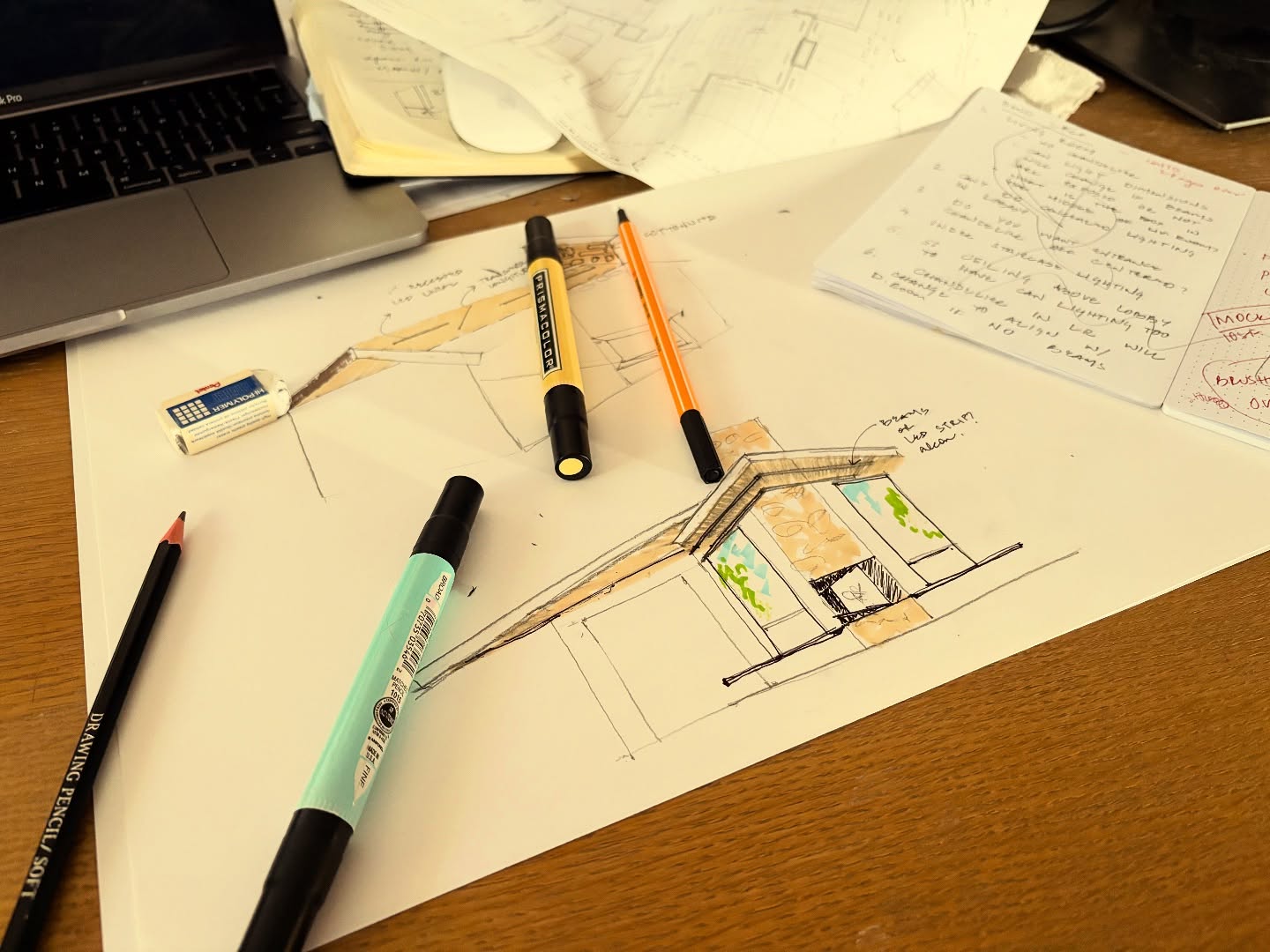 My adult (20 plus year old) prisma markers still work like a charm. Thank you, my trusted buddy for my interior design journey. You have been a constant.
Also, figuring out pitched roofs and reflected ceiling plans… 👀👀👀