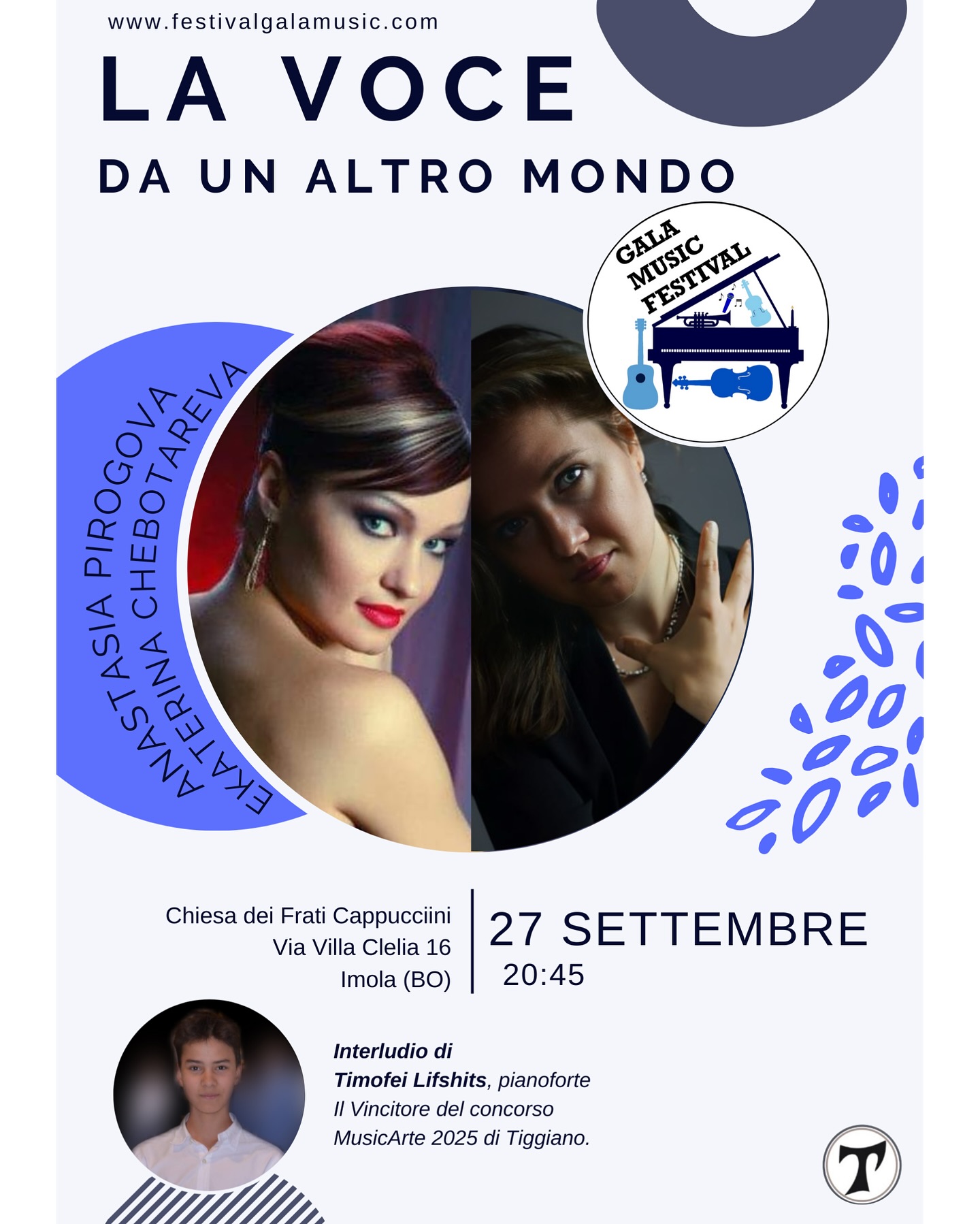 Cari ascoltatori di Imola, continuiamo il nostro ciclo di concerti 2025 “Talenti in Musica” nella Chiesa dei Frati Cappuccini di Imola.
Il 27 settembre vi aspetta uno dei concerti più particolari della stagione: una serata interamente dedicata a musicisti russi che interpreteranno musica russa.
Protagoniste della serata saranno Anastasia Pirogova, mezzosoprano di grande successo che si esibisce nei teatri d’opera e nelle sale da concerto in tutta Italia, ed Ekaterina Chebotareva, pianista dalla carriera intensa, vincitrice di oltre 20 concorsi internazionali. In programma il ciclo di Musorgskij “Canti e Danze della Morte” e una selezione di romanze di compositori russi.
Durante l’intervallo sarà protagonista il giovane talento Timofey Lifshitz, vincitore del 1° Premio Assoluto al concorso MusicArte 2025 di Tiggiano, che offrirà al pubblico i brani per pianoforte.
Vi aspettiamo nella splendida acustica della Chiesa dei Cappuccini per vivere insieme un’intera serata in lingua russa, intensa ed emozionante.
Un ringraziamento speciale alla direzione artistica del festival, Diego Melfi ed Ekaterina Chebotareva, e a Padre Attilio Martelli per il loro prezioso contributo culturale.
📍 Chiesa dei Frati Cappuccini – Via Villa Clelia 16, Imola
🕘 Sabato 27 settembre, ore 20:45
Ingresso ad offerta libera fino a esaurimento posti
#galamusicfestival #stagionemusicale #concertiimola #musicaclassica #pianoforte #voce #mezzosoprano #musicarussa #concertodimusica #eventiemiliaromagna #talentiemergenti #musicadalvivo #arteinconcerto #culturainemilia