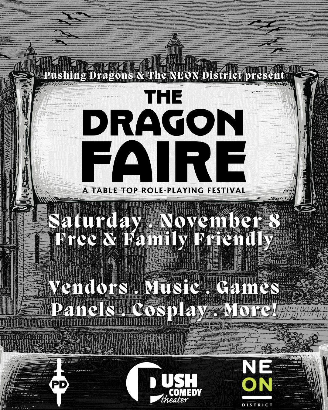 Calling All Vendors!
The Dragon Faire: A Tabletop Role-Playing Festival is coming to Norfolk’s NEON District on Saturday, November 8 — and we want YOU in our marketplace of adventure! ⚔️
We’re looking for:
Artists & crafters
Fantasy & game-inspired creators
Local shops & makers
Food & drink vendors
Join a free, family-friendly festival filled with:
Live music
Cosplay contest
Dungeons & Dragons games
Vendors, panels, and more!
Hundreds of adventurers, families, and fans are expected — don’t miss your chance to showcase your creations in the heart of the NEON District.
Apply today to secure your spot! pushingdragons.com