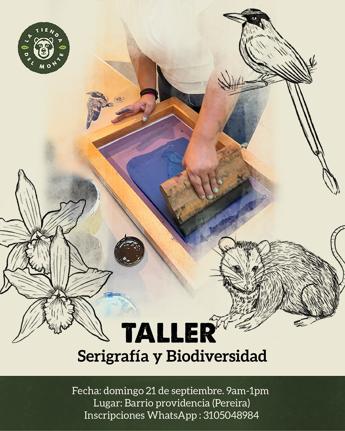 Taller Serigrafía y Biodiversidad 🎨🖌️
Se viene nuestro primer taller de serigrafía y biodiversidad! ✨
Este 21 de septiembre te invitamos a experimentar el arte de estampar con tus propias manos mientras te conectas con las especies que habitan nuestro territorio. 🐦🌱
En este espacio aprenderás:
🎨 La técnica básica de la serigrafía.
🦩sobre la biodiversidad colombiana.
🌿 Cómo plasmar la biodiversidad en tus creaciones.
👕 Te llevarás tu propia prenda estampada por ti.
📍 Lugar: Barrio Providencia / Pereira
🕒 Hora: 9am-1pm
📒inscripciones Whatsapp : 3105048984
👉 Cupos limitados. Inscripciones por DM o en el link de la bio.
Celebremos juntos la biodiversidad colombiana a través del arte 💚
www.latiendadelmonte.com
#serigrafías #biodiversidad