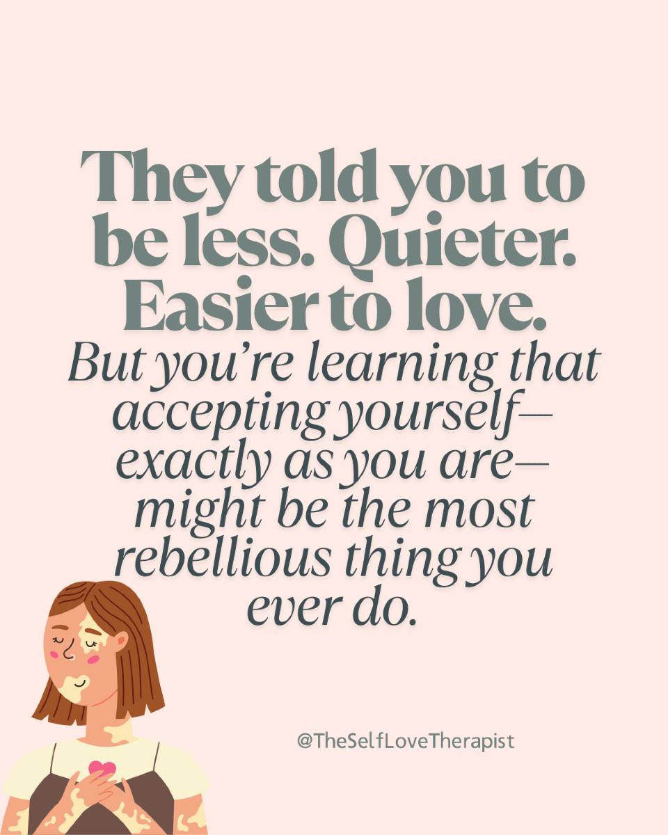 If you’ve ever felt like you had to shrink to be loved, read this.
They told you to be less. Quieter. Easier to love.
So you learned to shrink.
To smile through the ache.
To apologise for your truth.
To hide your needs because they were “too much.”
That’s not a personal failing. That’s what happens when you grow up in systems that reward you for abandoning yourself — and call it love.
Self-acceptance is radical because it breaks that cycle.
It’s refusing to twist yourself into shapes that make others comfortable.
It’s making peace with your messy, magical, imperfect humanity.
It’s saying, “I am worthy of love exactly as I am, even while I grow.”
This isn’t about giving up on personal growth. It’s about growing from a place of compassion instead of shame.
You don’t have to hustle for love. You don’t have to edit your joy, your rage, your softness, or your boundaries to be accepted. You don’t have to earn your own humanity.
Choosing self-acceptance is choosing to stop fighting yourself. It’s choosing to take up space without apology. It’s choosing to be fully, unapologetically you — even in a world that sometimes asks you to disappear.
💛 Save this for the days you feel unlovable.
And if this spoke to something tender in you, drop a 💛 in the comments or DM me the word REBELLION. I’ll send you a love note to anchor you when self-doubt creeps in.
#SelfAcceptanceJourney #HealingFromTrauma #RelationalHealing #HealingFromEmotionalNeglect #InnerChildHealing #BreakingGenerationalCycles #SelfWorthHealing #TherapyForWomenOfColour #RacialTraumaRecovery #SelfLoveTherapy #BoundariesAndHealing #YouAreWorthy #HealingShame #EmotionalHealingJourney #TheSelfLoveTherapist